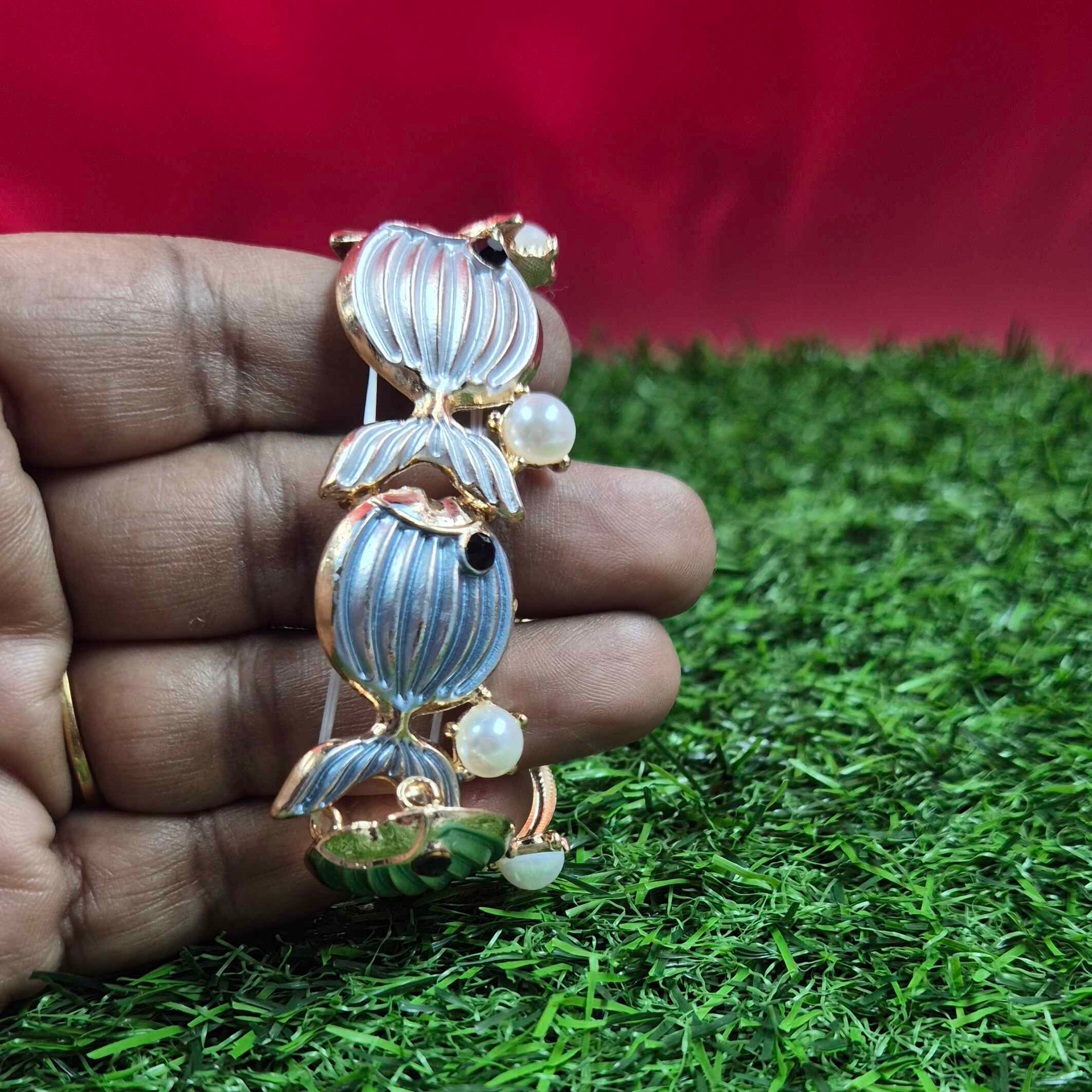 Blue Enamel Fish Charm Bracelet with Pearl Accents | Ocean-Inspired Designer Bracelet for Women
