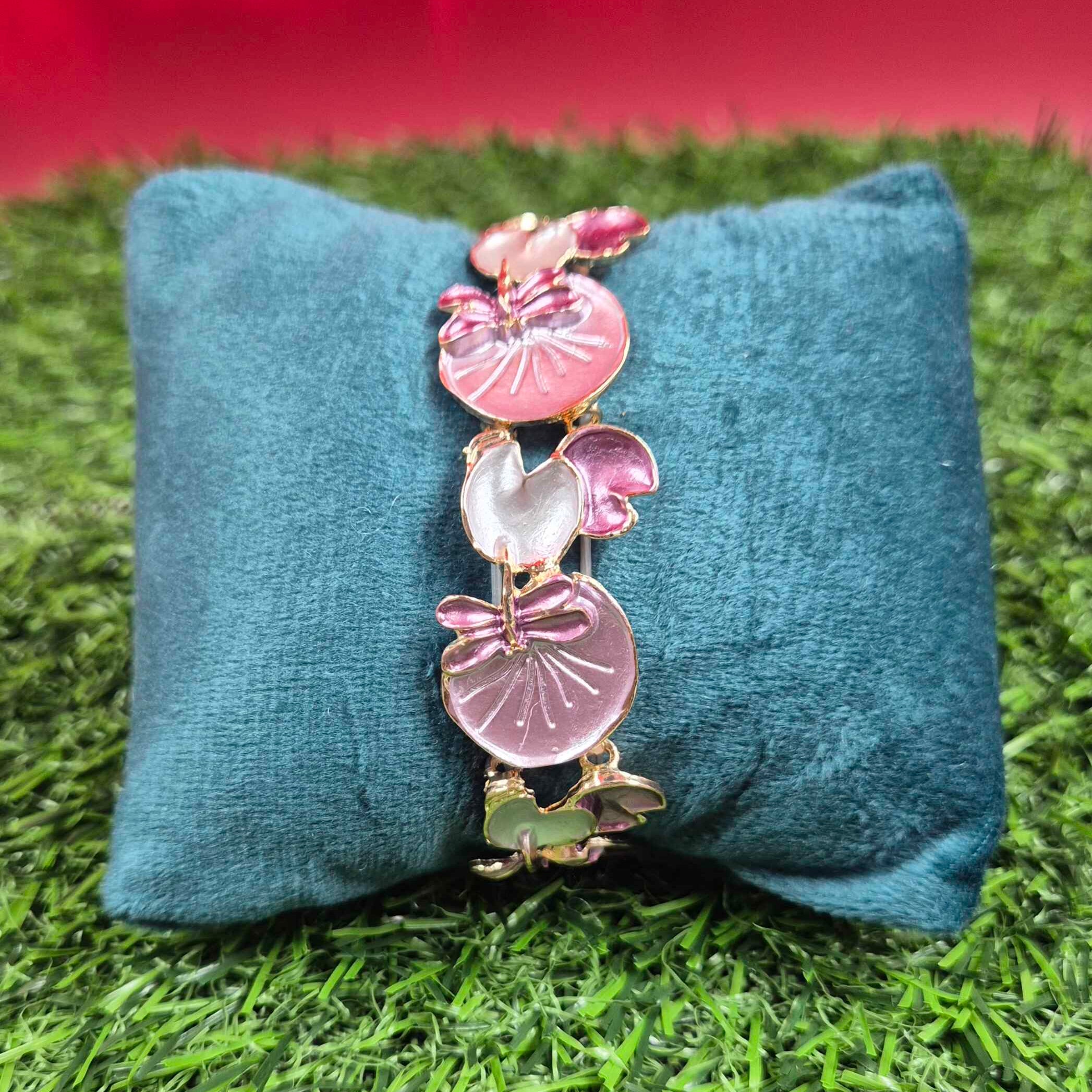 Elegant Pink Floral Enamel Bracelet for Women | Gold-Tone Designer Charm Bracelet