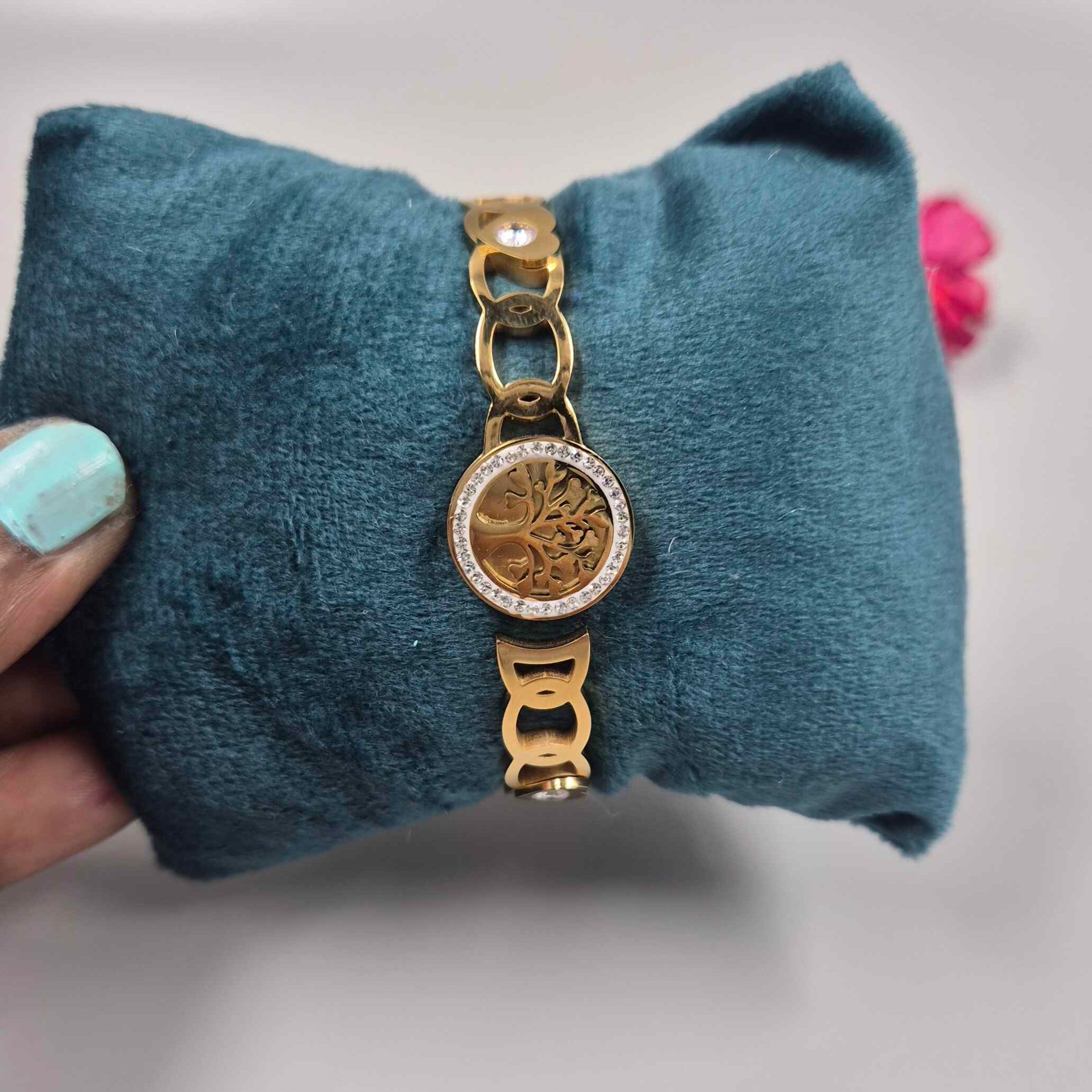 Gold Tree of Life Bracelet for Women | Crystal Accent Designer Link Bracelet
