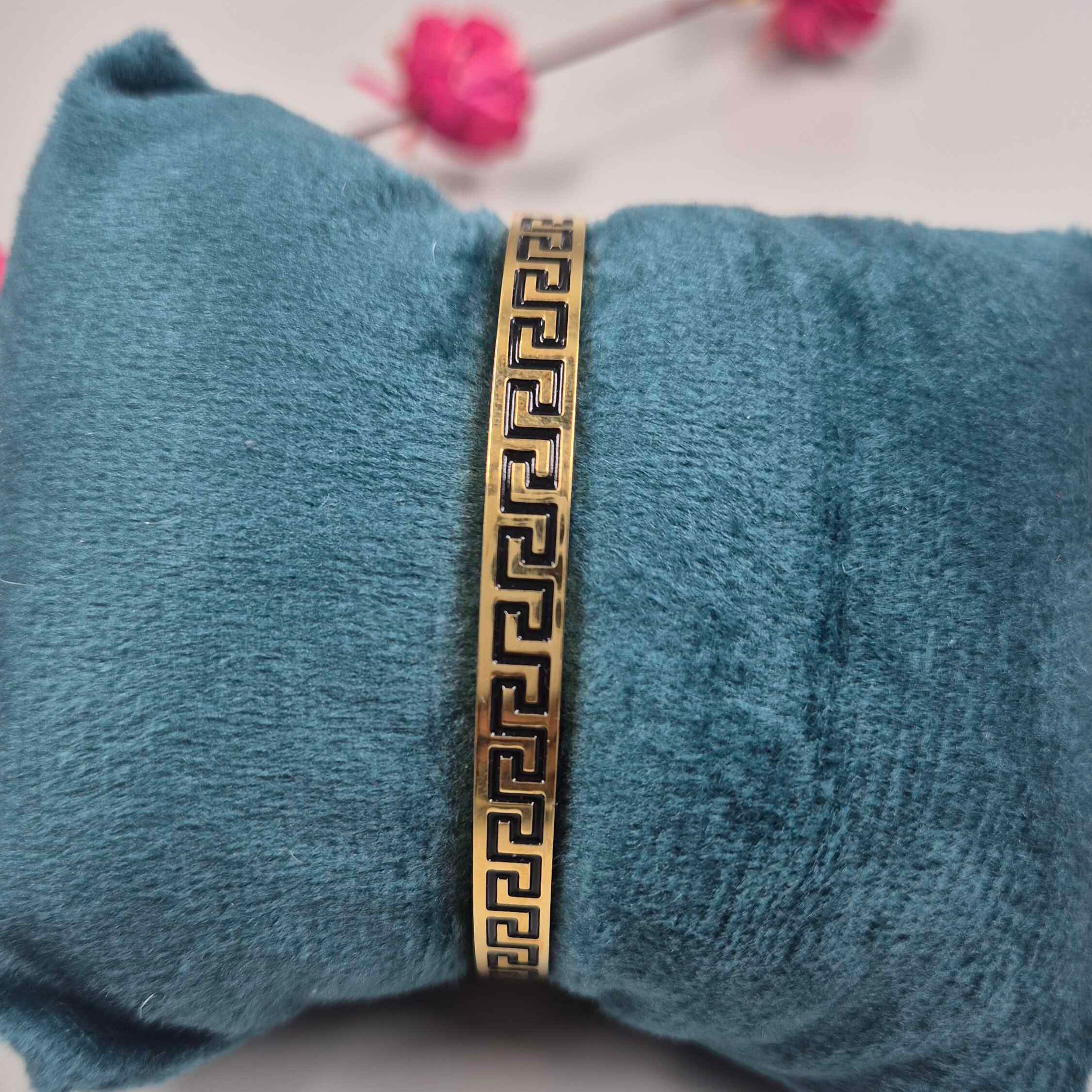Greek Key Pattern Gold Bracelet for Women | Elegant Black Enamel Designer Bangle