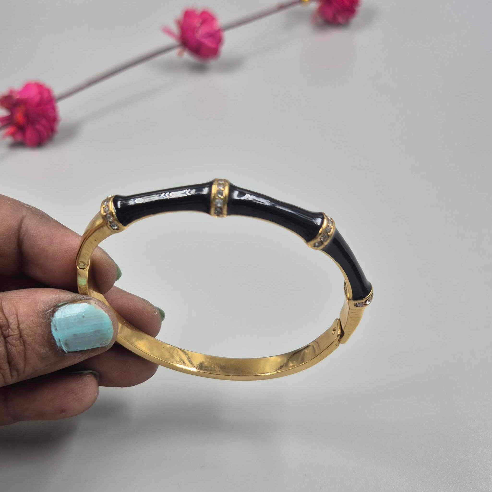 Black Bamboo Style Gold Bracelet for Women | Elegant Minimalist Designer Kada