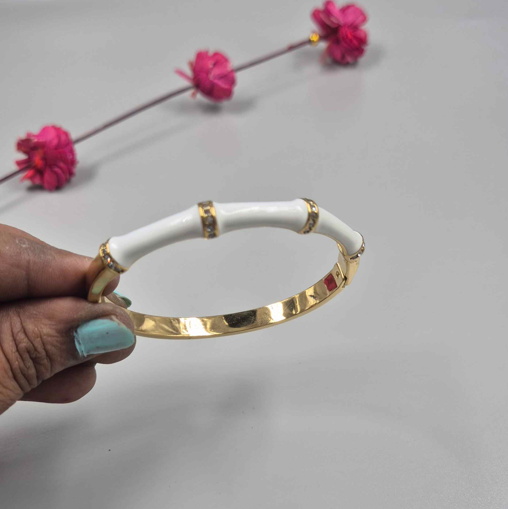 White Bamboo Style Gold Bracelet for Women | Elegant Minimalist Designer Kada