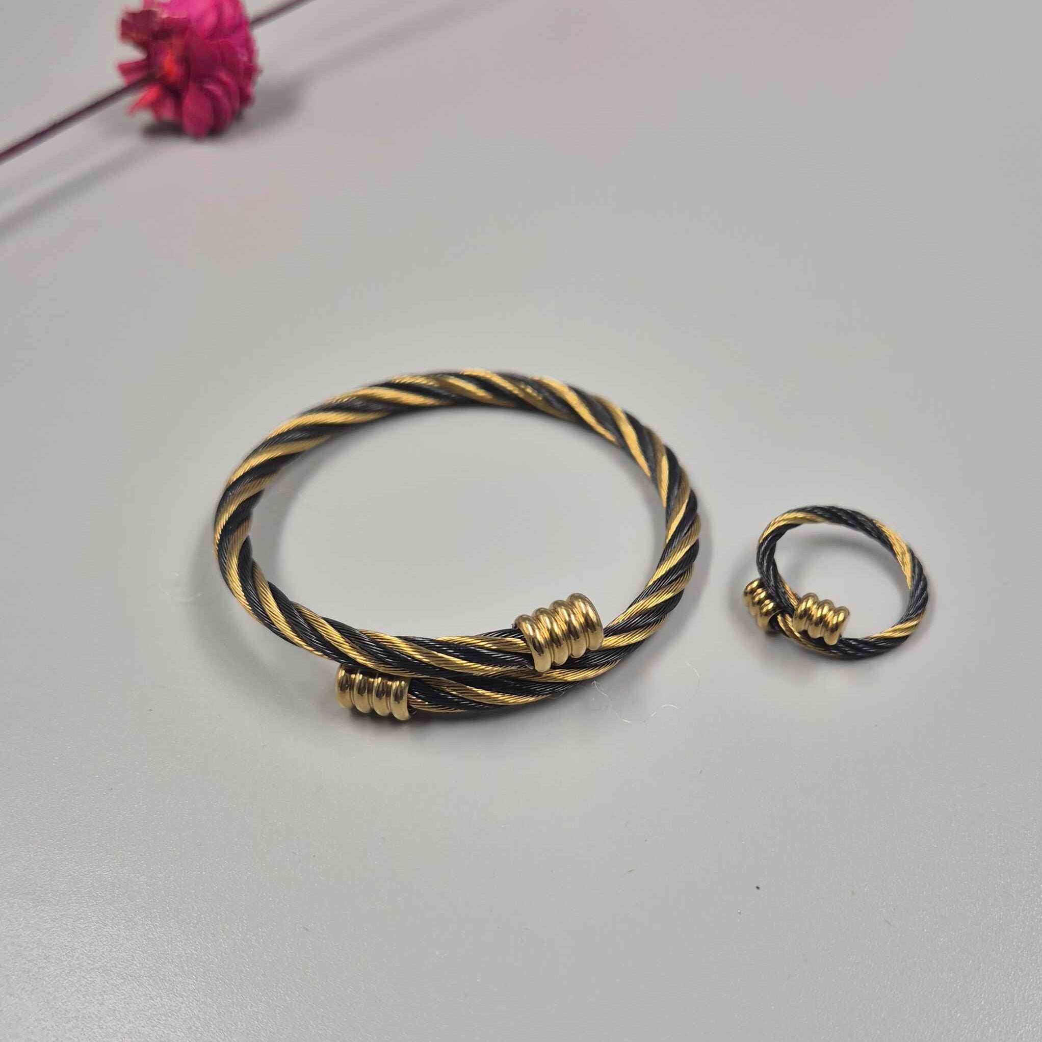 Black & Gold Twisted Cable Bracelet and Ring Set-adjustable- for Women | Elegant Stainless Steel Jewelry Set