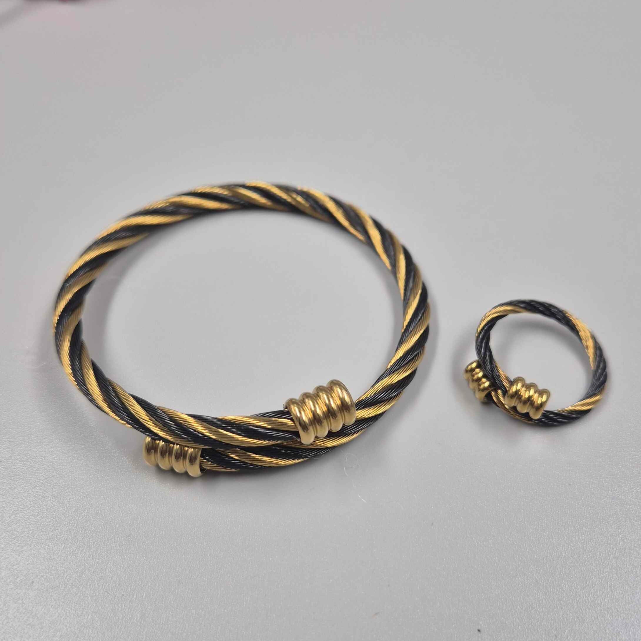 Black & Gold Twisted Cable Bracelet and Ring Set-adjustable- for Women | Elegant Stainless Steel Jewelry Set