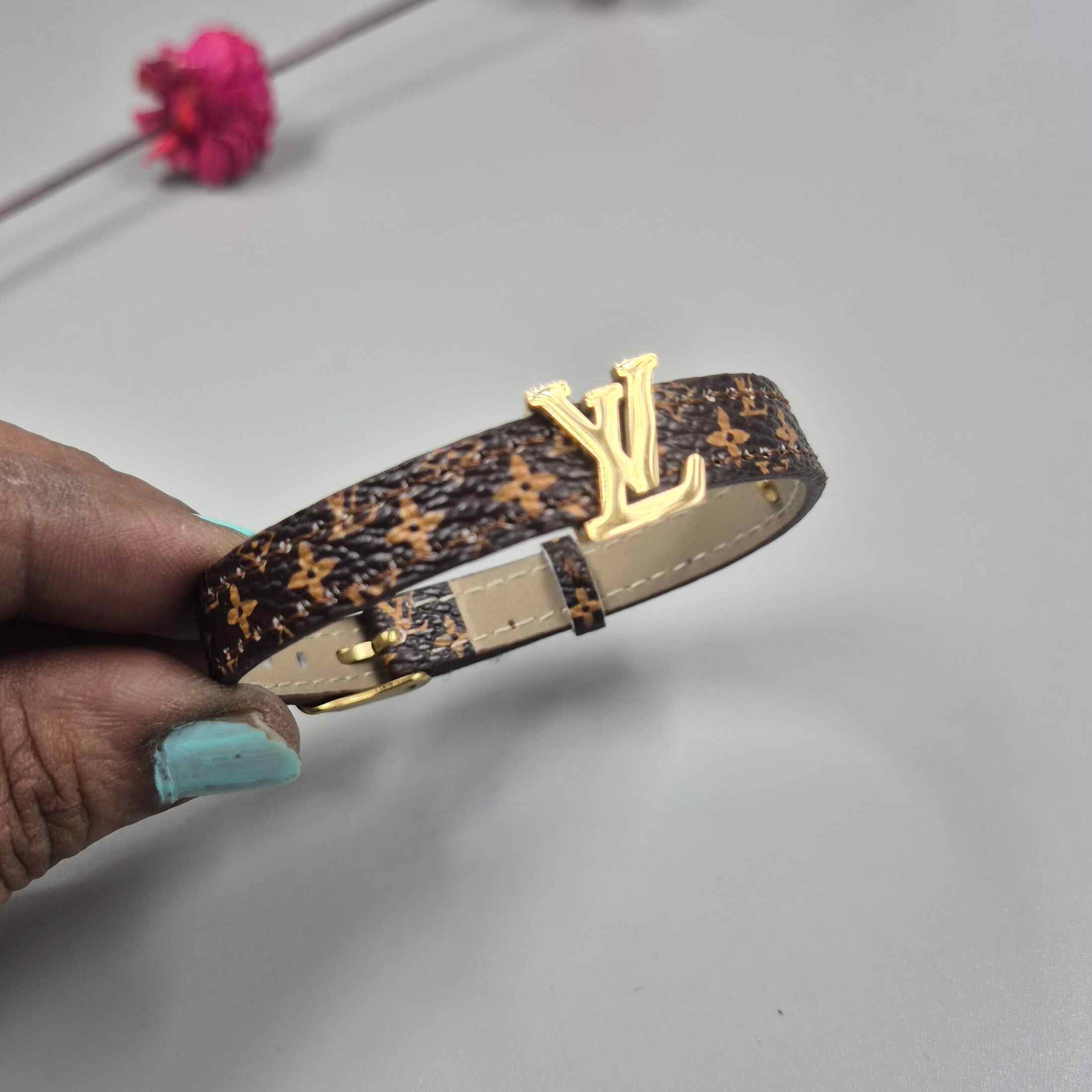 Luxury Monogram Leather Bracelet for Women | Designer Brown Strap Gold Initial Bracelet