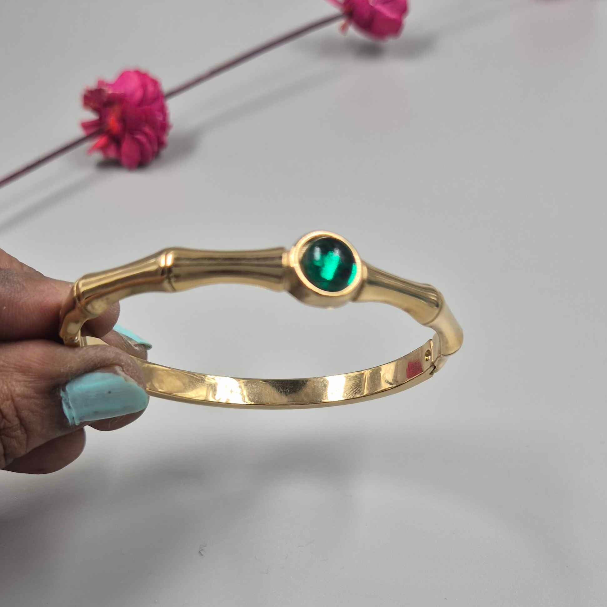 Elegant Green Stone Bamboo Design Gold Bracelet for Women | Minimalist Designer Kada