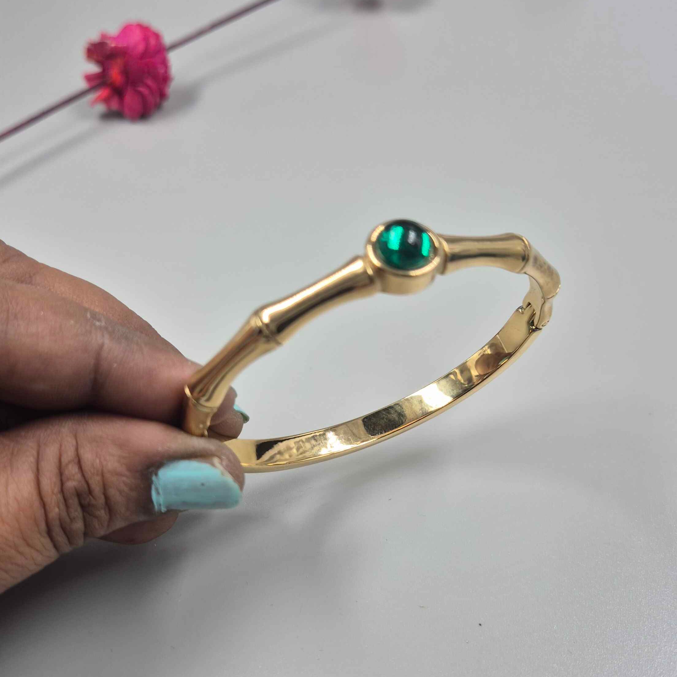 Elegant Green Stone Bamboo Design Gold Bracelet for Women | Minimalist Designer Kada