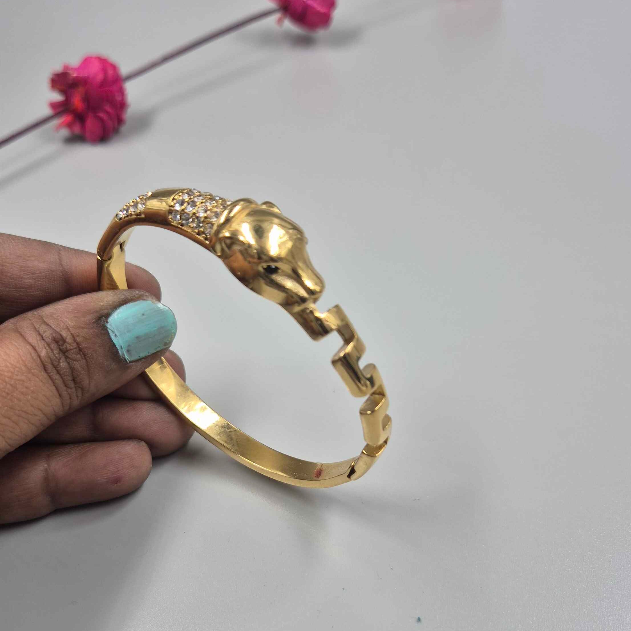 Luxury Panther Head Gold Bracelet for Women | Crystal Studded Designer Kada Bangle