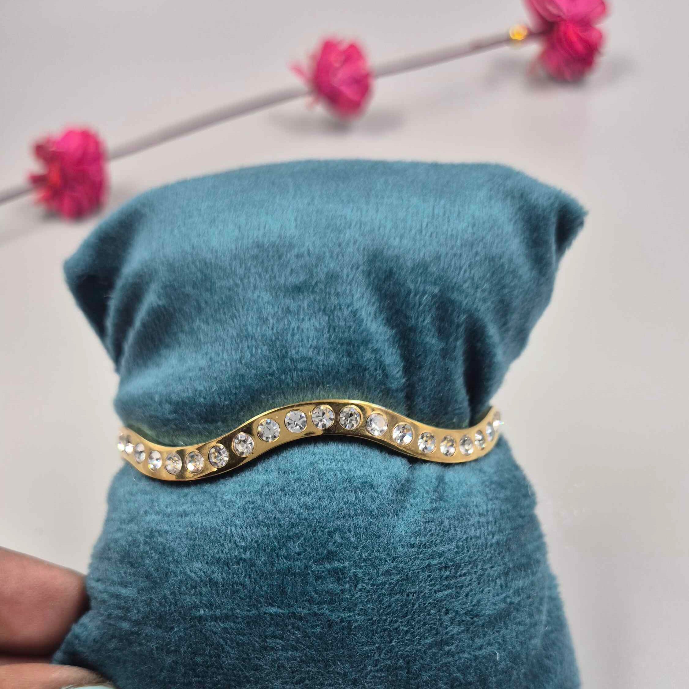 Elegant Wave Crystal Gold Bracelet for Women | Minimalist Rhinestone Kada