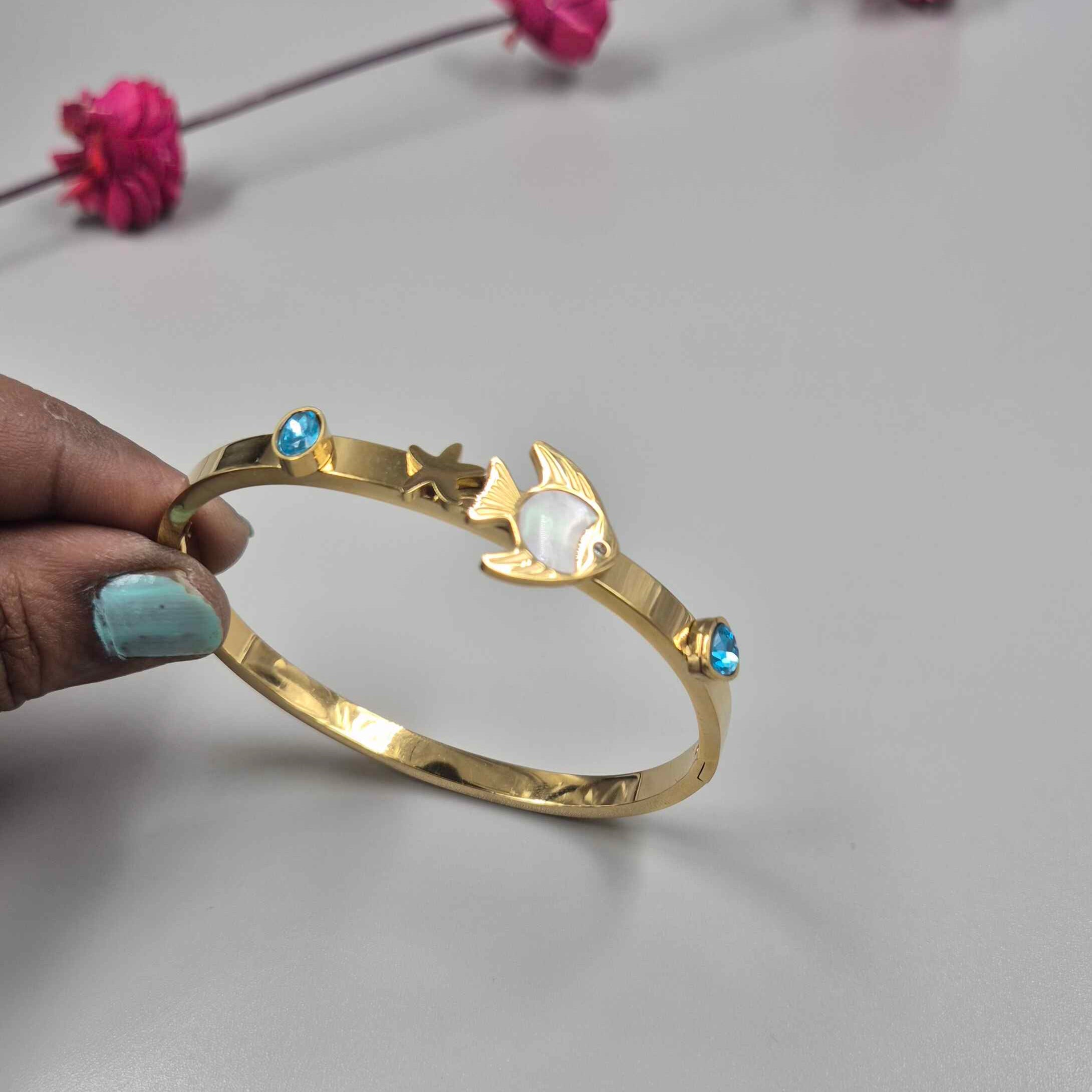 Ocean Blue Fish Charm Gold Bracelet for Women | Designer Stone Studded Kada