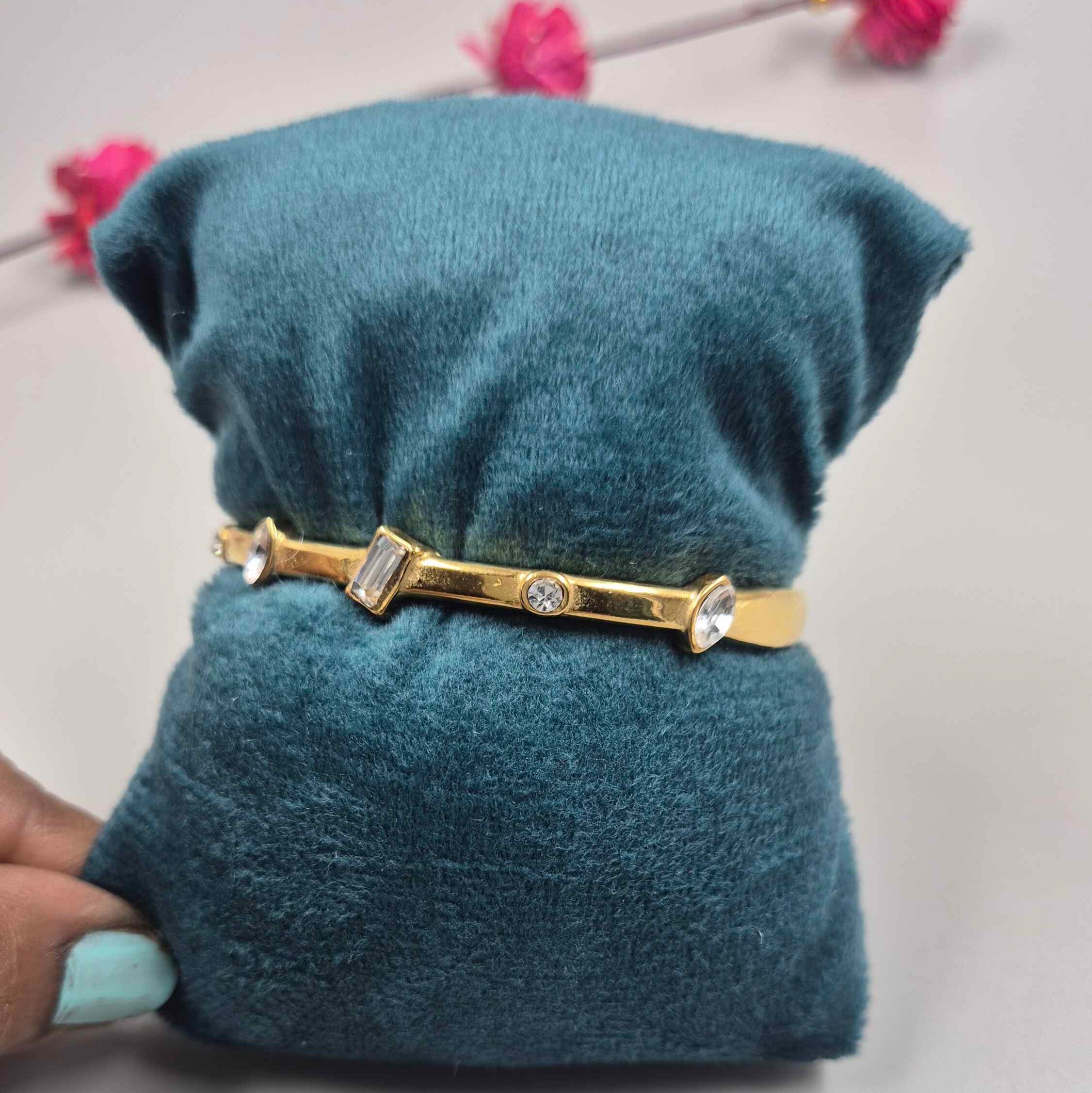 Gold Geometric Crystal Kada Bangle for Women | Minimalist CZ Stone Bracelet