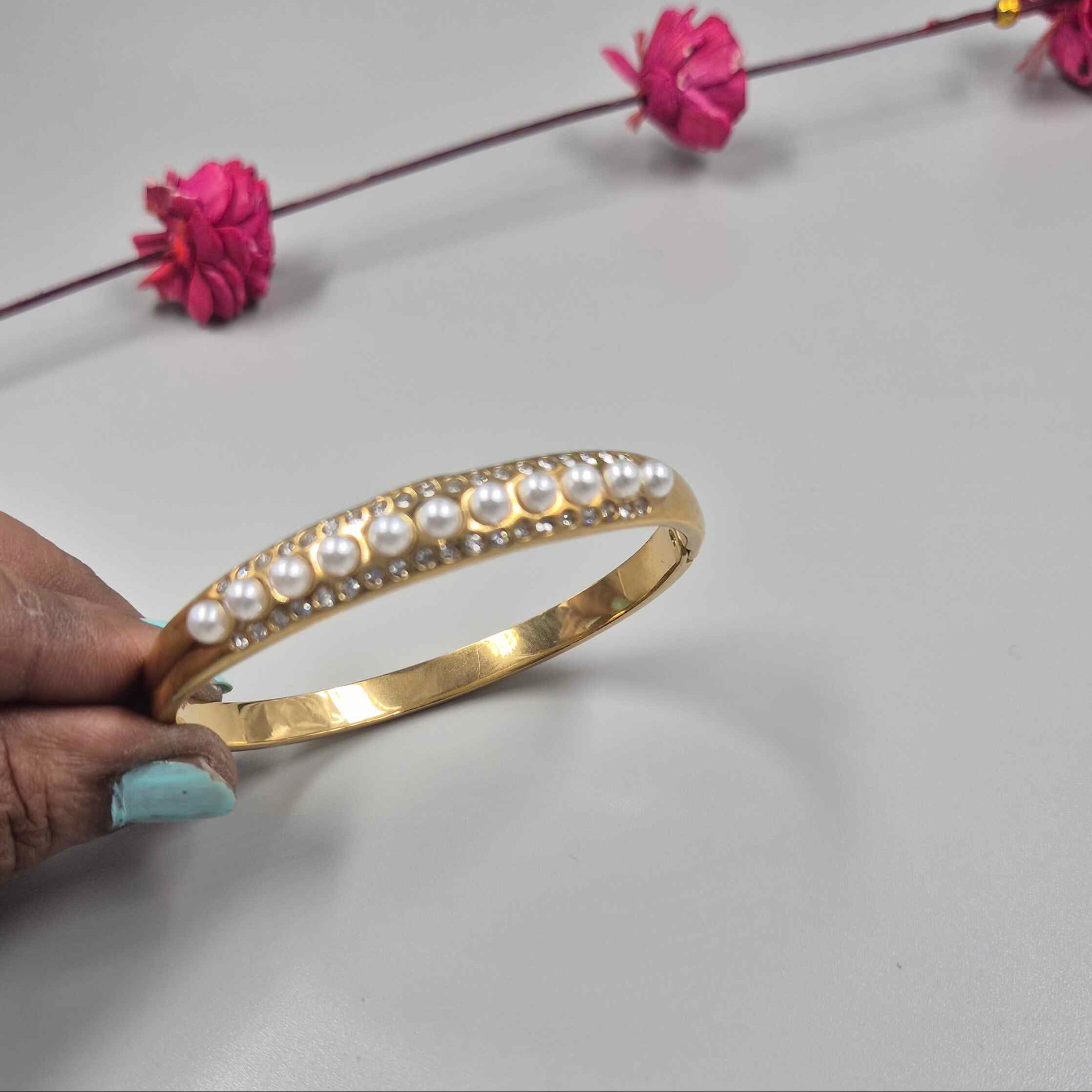 Classic Pearl & Crystal Gold Bracelet for Women | Elegant Designer Kada