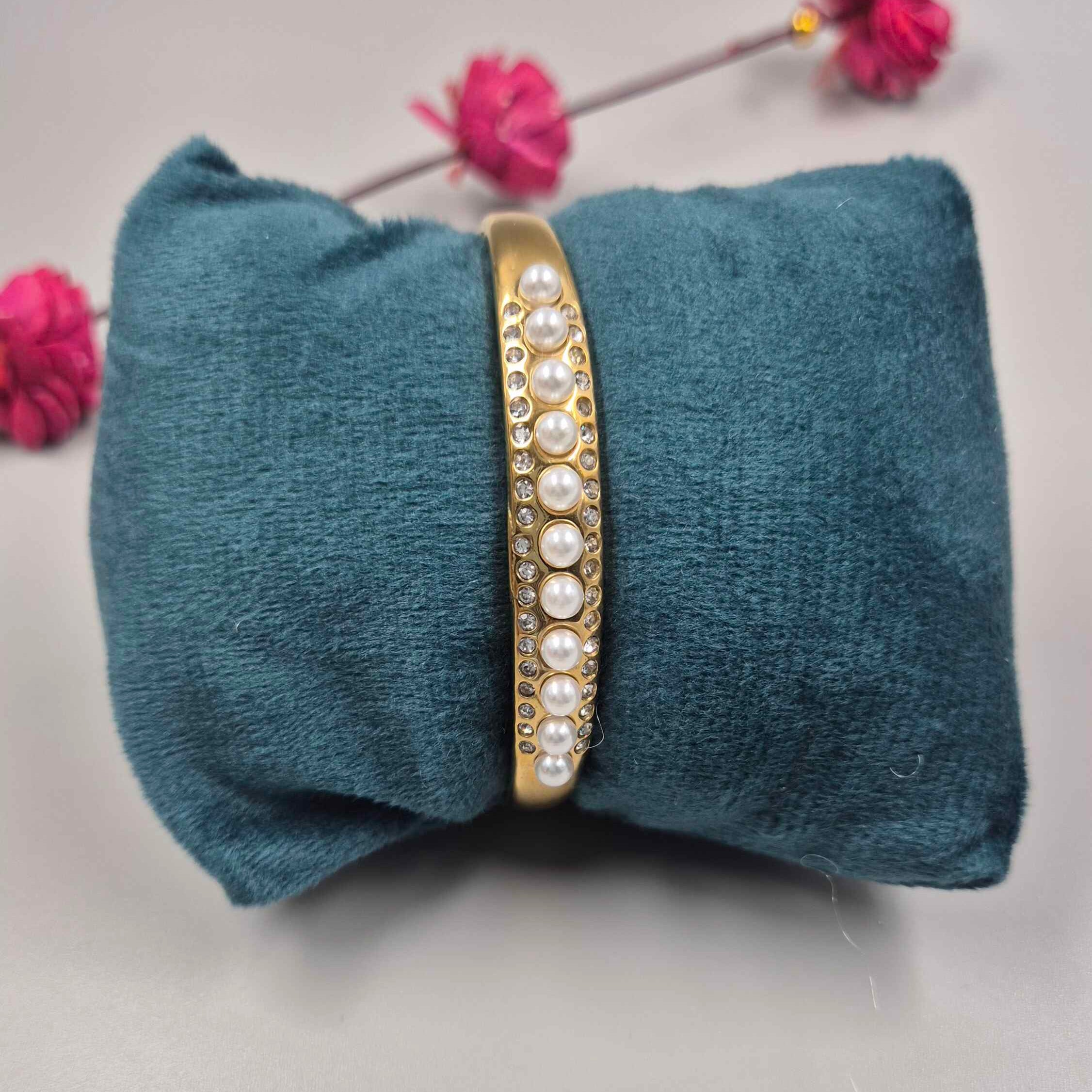 Classic Pearl & Crystal Gold Bracelet for Women | Elegant Designer Kada