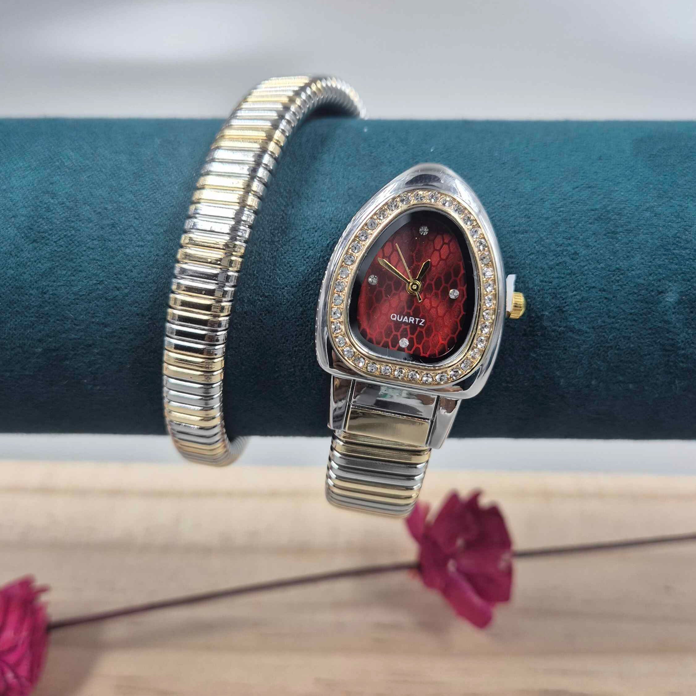 Silver and gold Tone Red Teardrop Dial Bracelet Watch for Women | Crystal Studded Quartz Wrist Watch