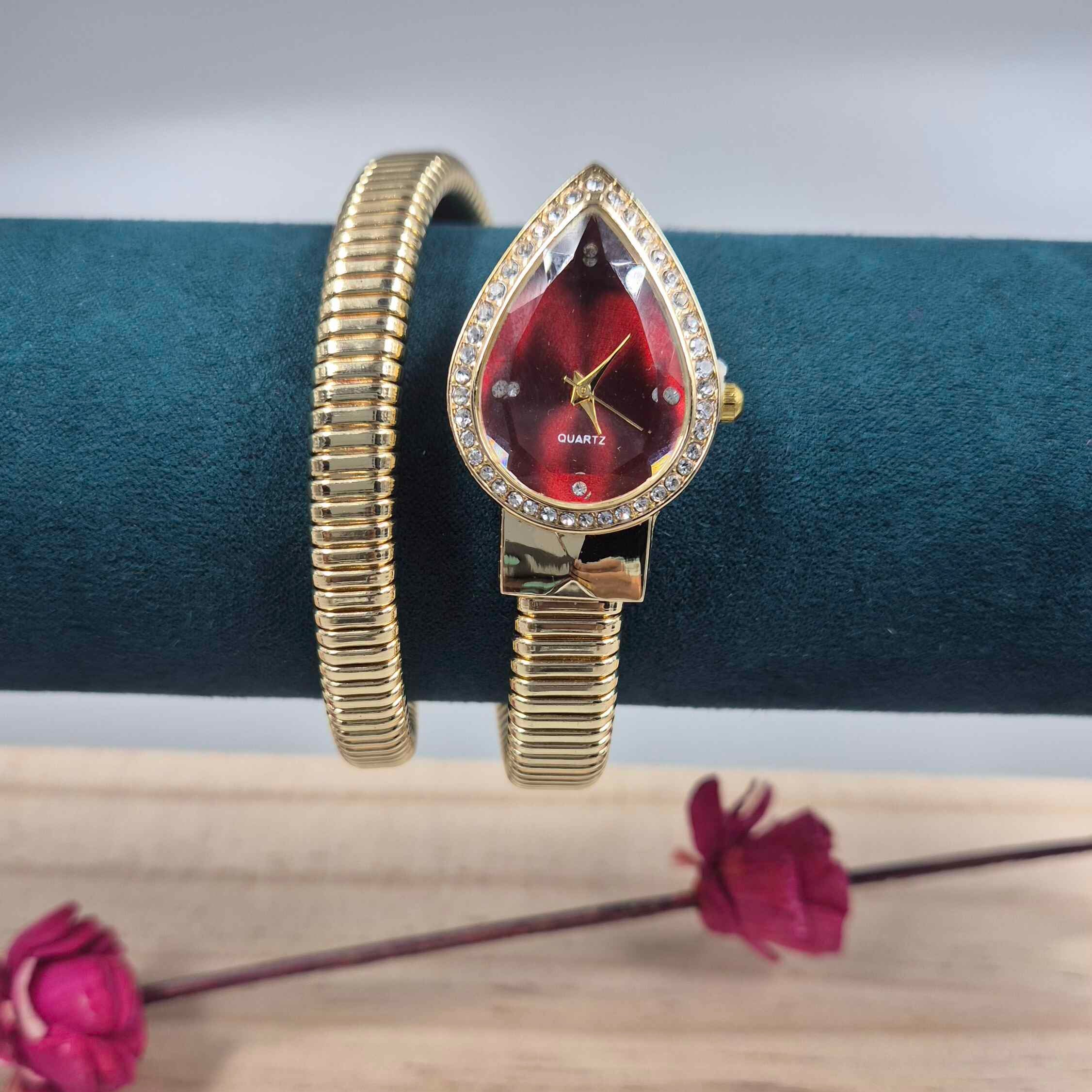 Luxury Red Teardrop Dial Bracelet Watch for Women | Gold-Tone Crystal Accent Quartz Watch