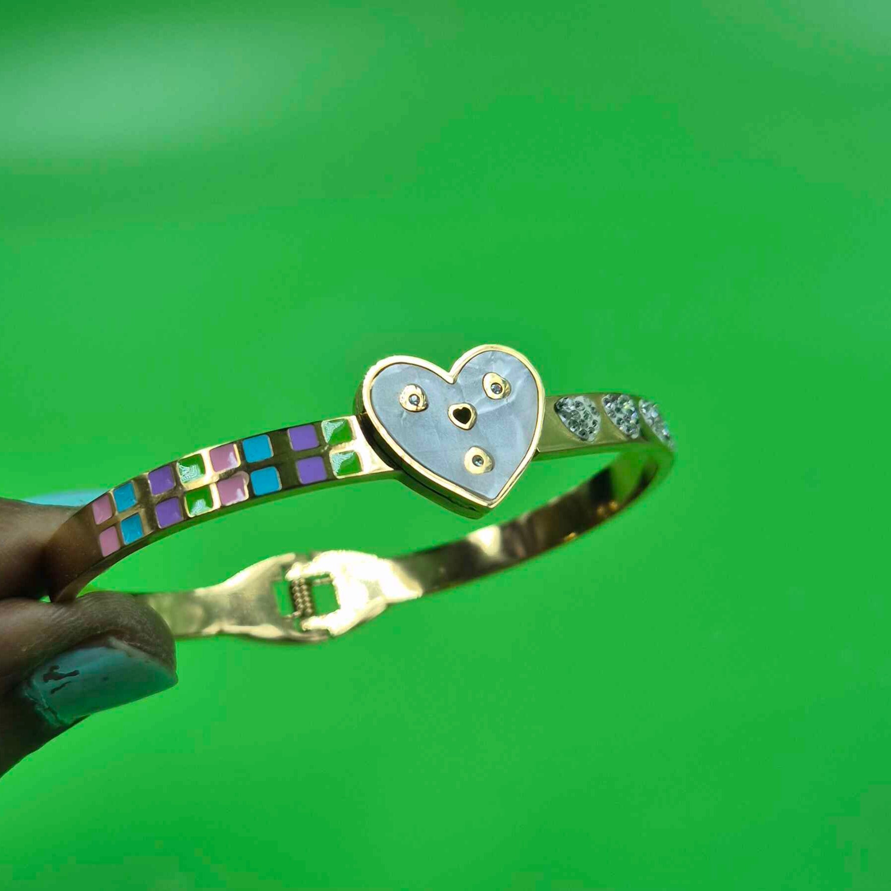 Cute Heart Charm Gold Bracelet for Women | Multicolor Enamel Crystal Designer Kada