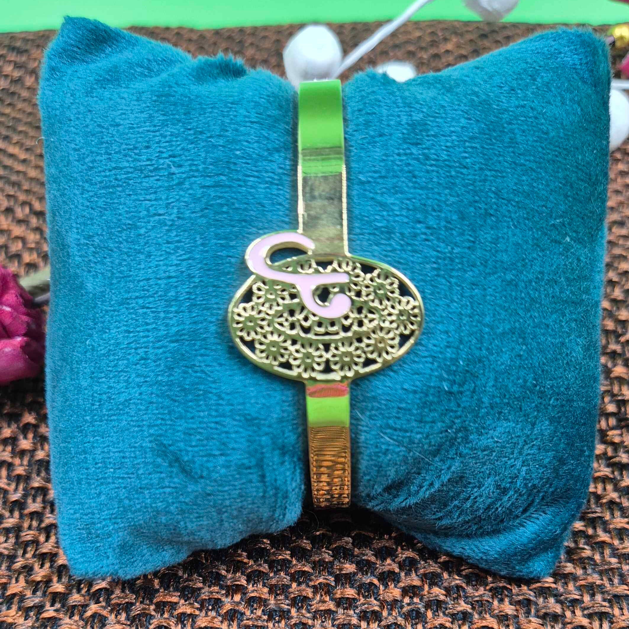 Personalized Initial Letter Kada Bracelet for Women | Gold Floral Monogram Bangle