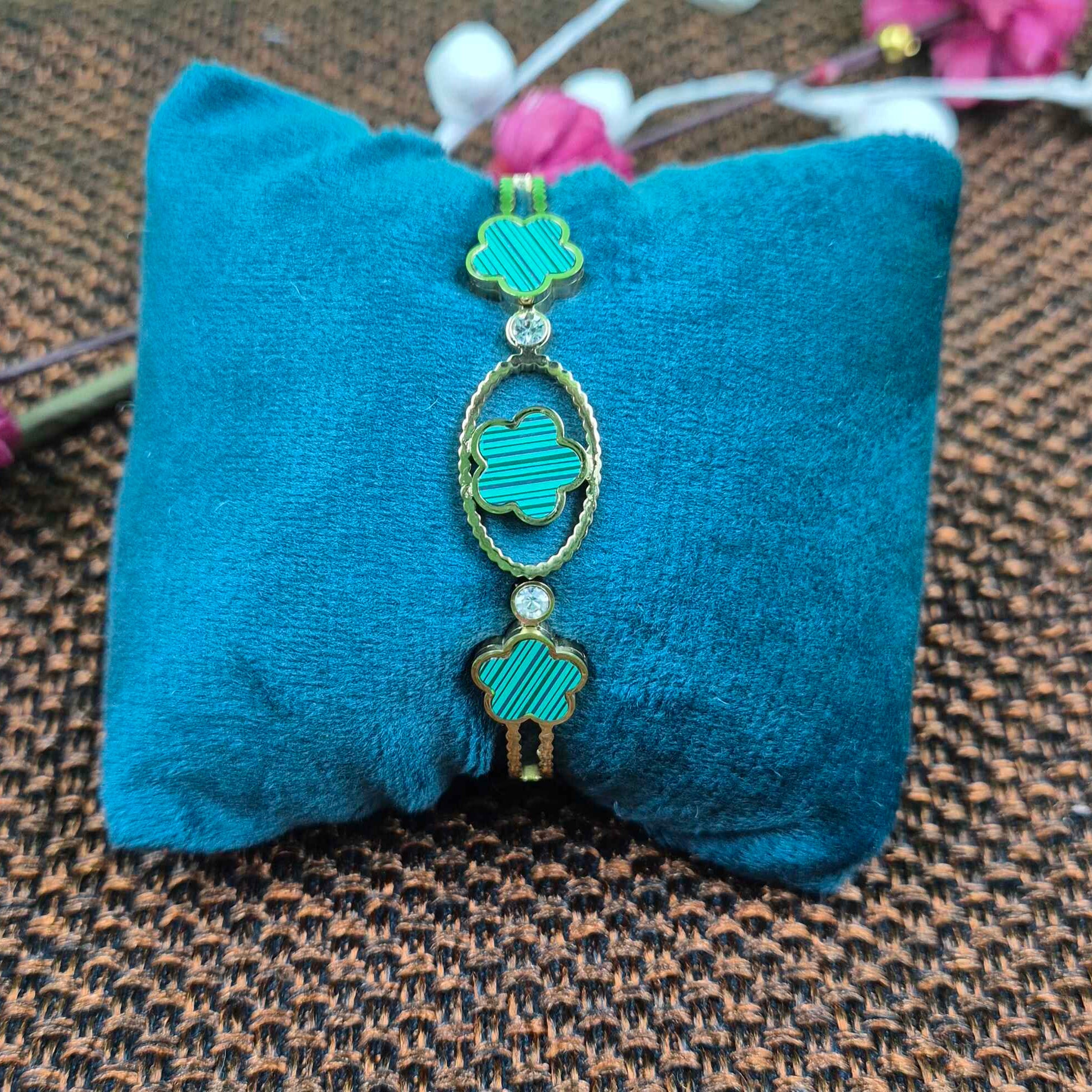 Turquoise Clover Charm Bracelet for Women | Gold Crystal Floral Designer Bracelet