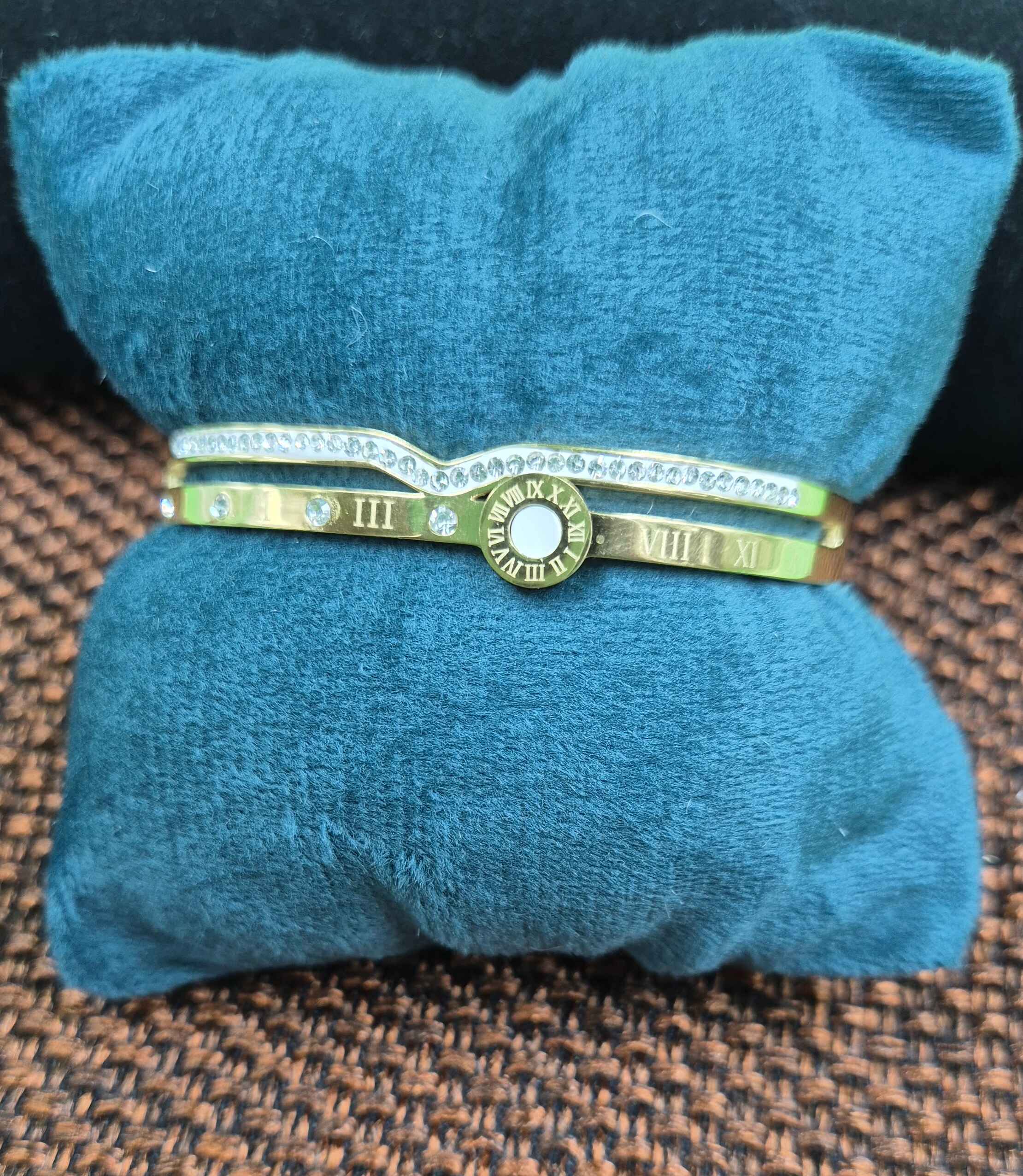 Roman Numeral Crystal Gold Bracelet for Women | Elegant Luxury Kada Bangle
