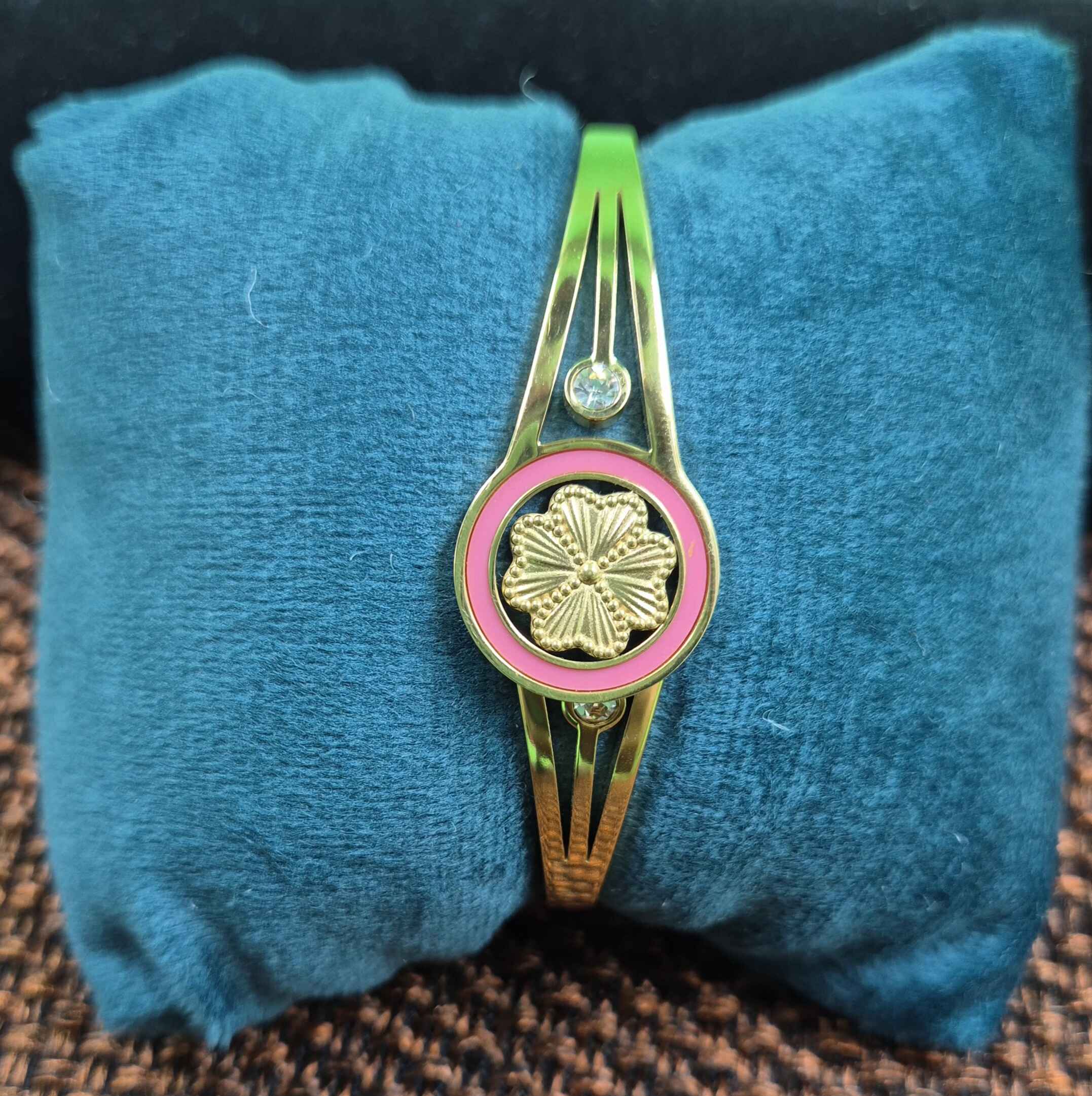 Pink Floral Gold Bracelet for Women | Crystal Accent Designer Kada Bangle