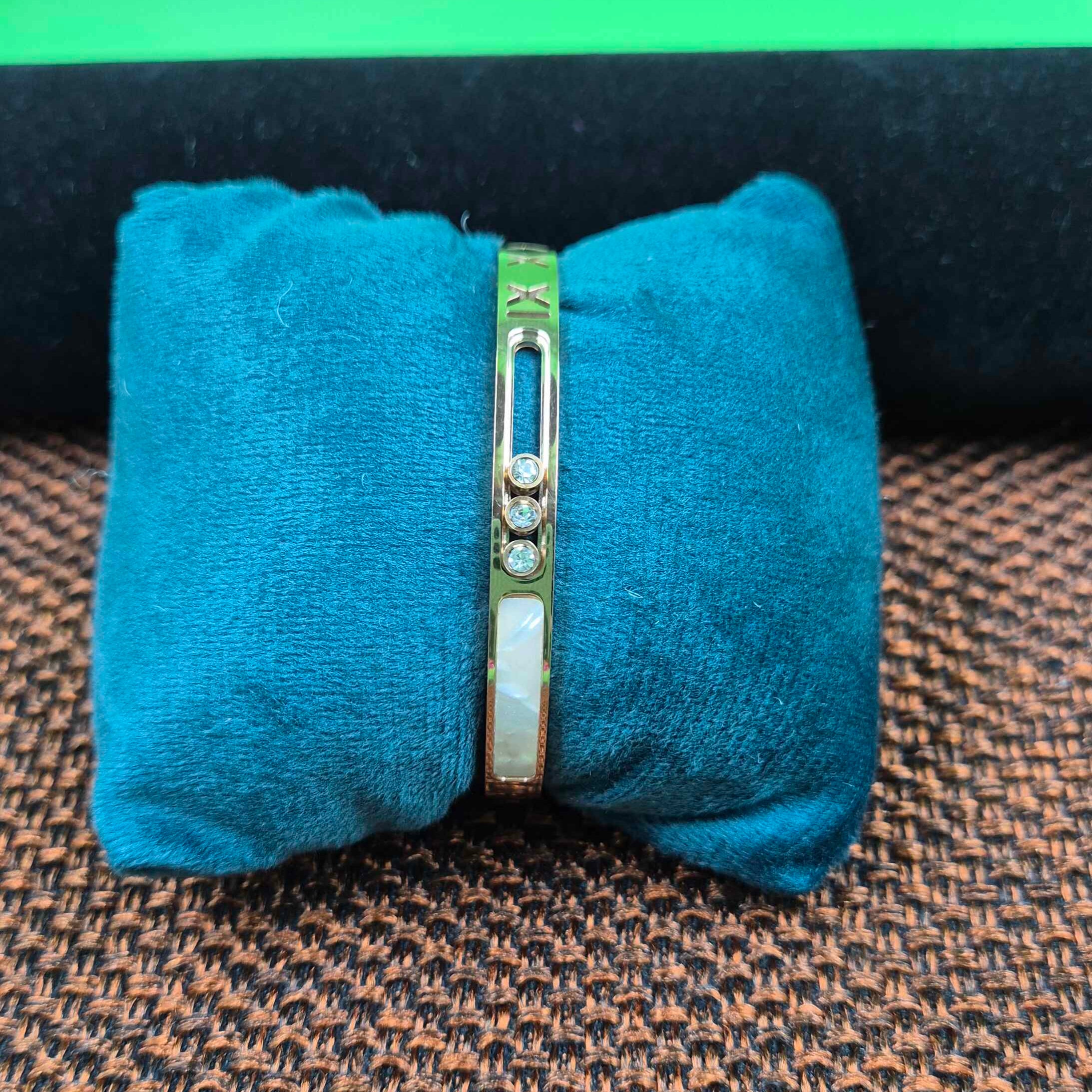 Minimalist Crystal & White Inlay Gold Bracelet for Women | Elegant Designer Kada Bangle