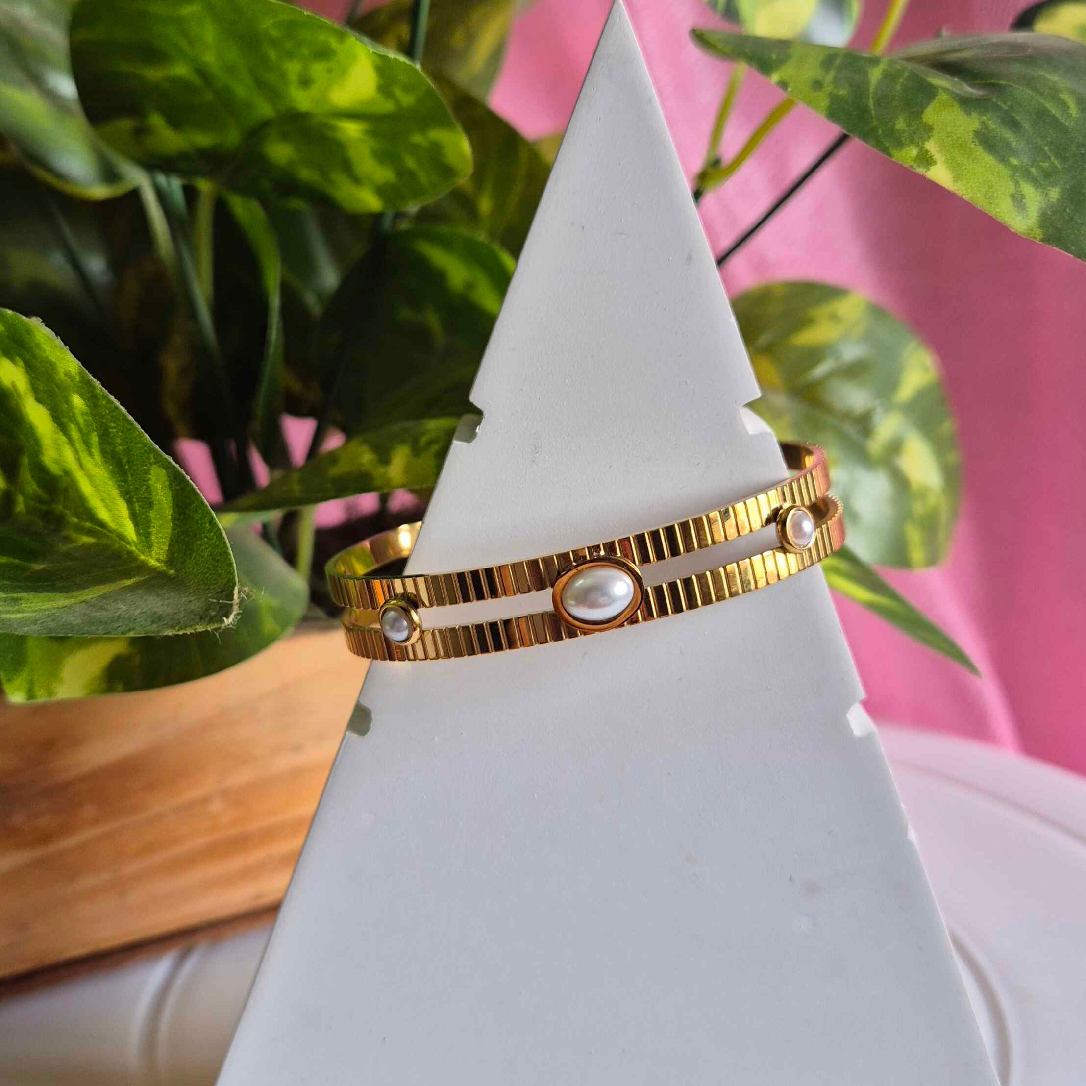 Elegant Pearl Accent Gold Bracelet for Women | Double Band Designer Cuff Bangle