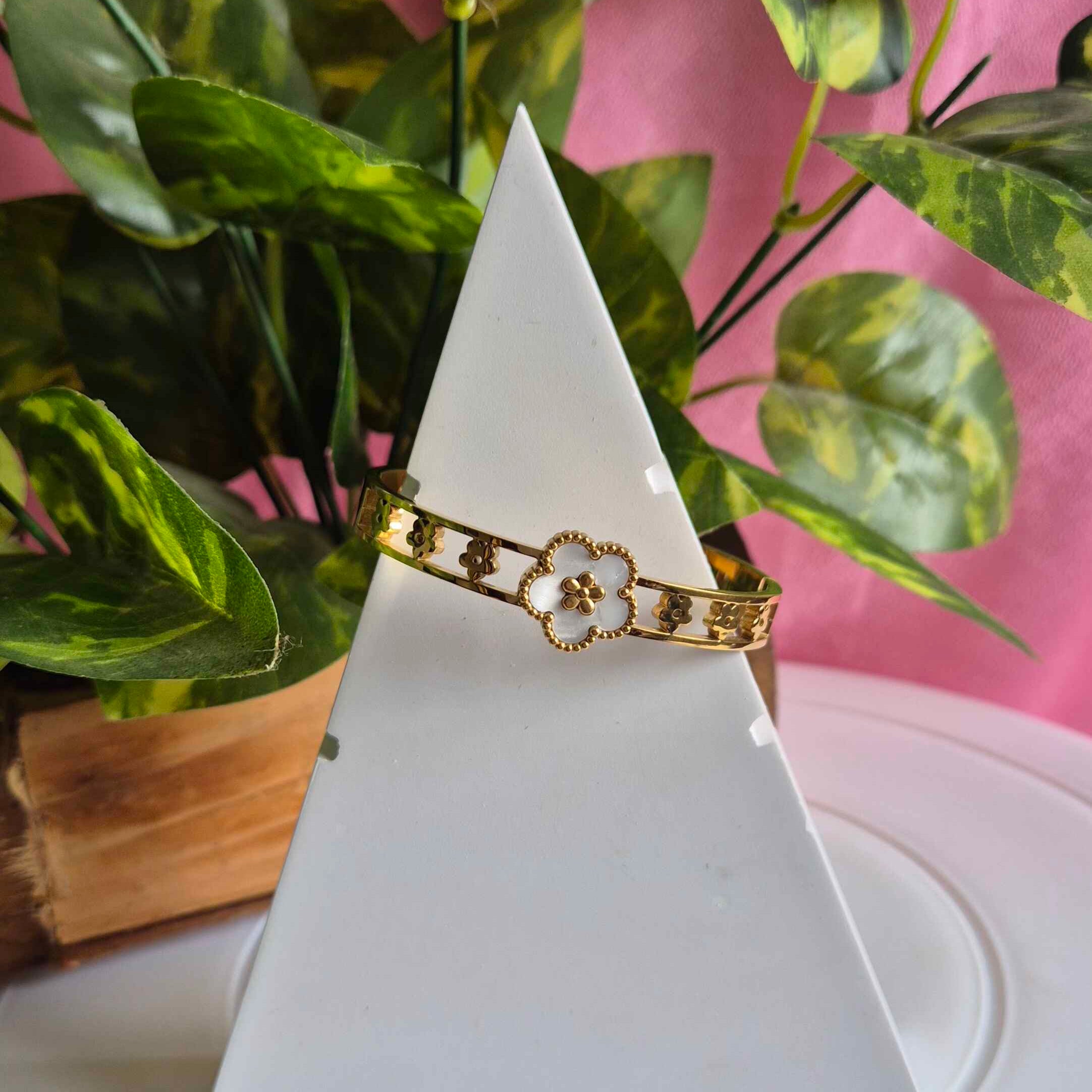 Gold-Tone Floral Clover Kada Bracelet for Women | Elegant Mother of Pearl Designer Bangle