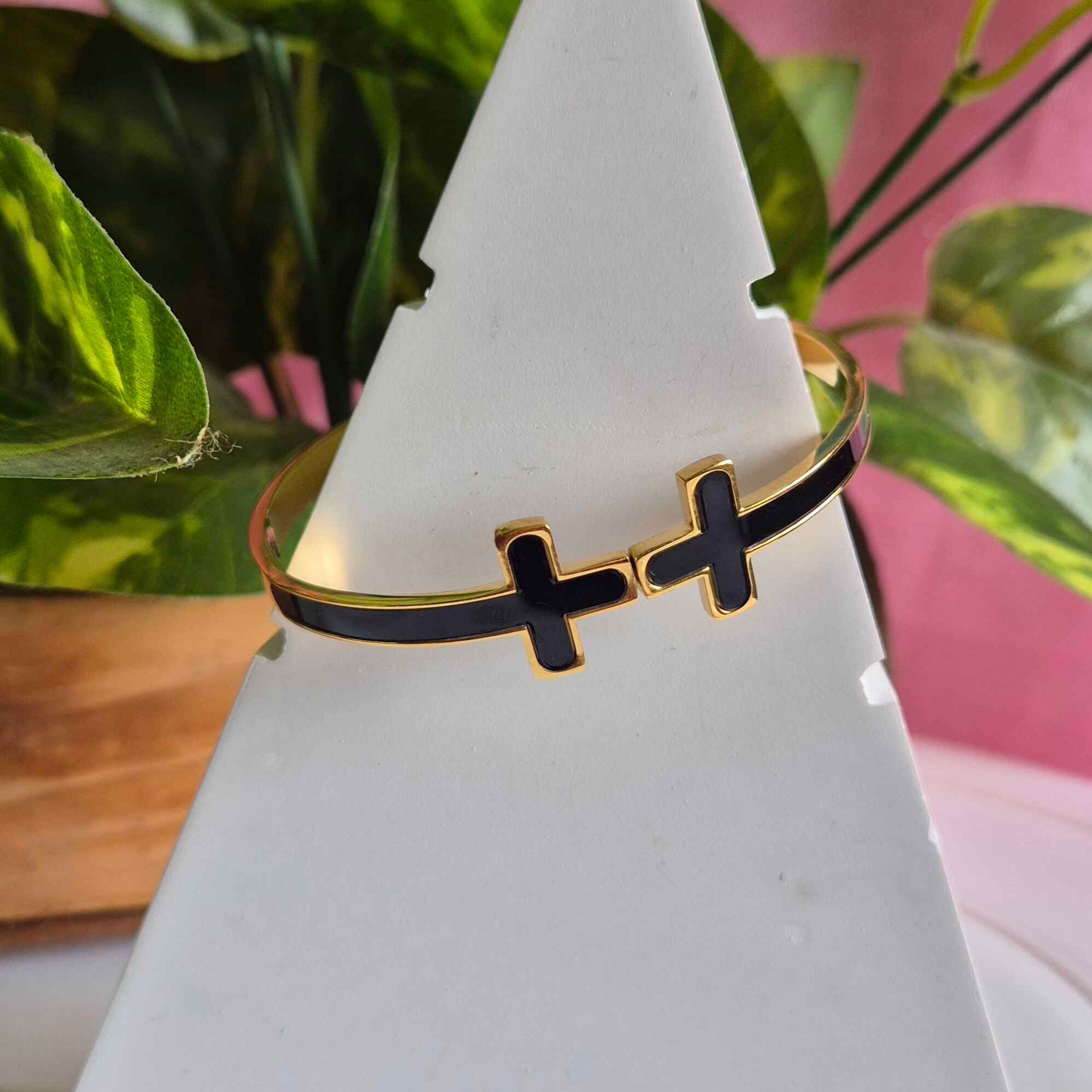 Black Cross Gold-Tone Kada Bracelet for Women | Minimalist Designer Cuff Bangle