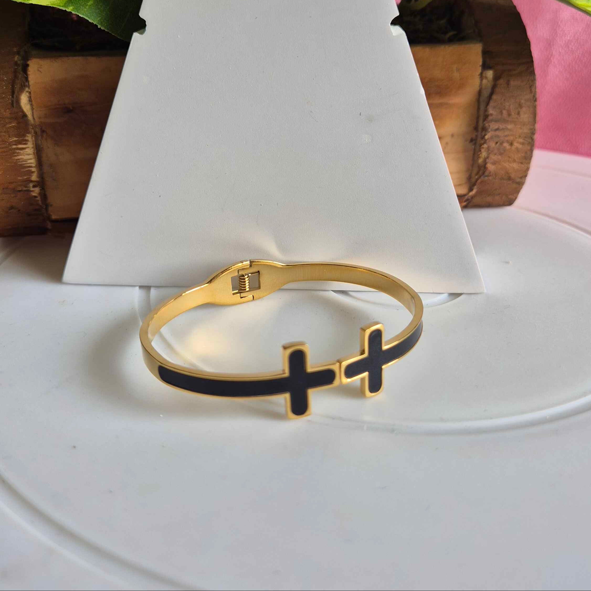 Black Cross Gold-Tone Kada Bracelet for Women | Minimalist Designer Cuff Bangle