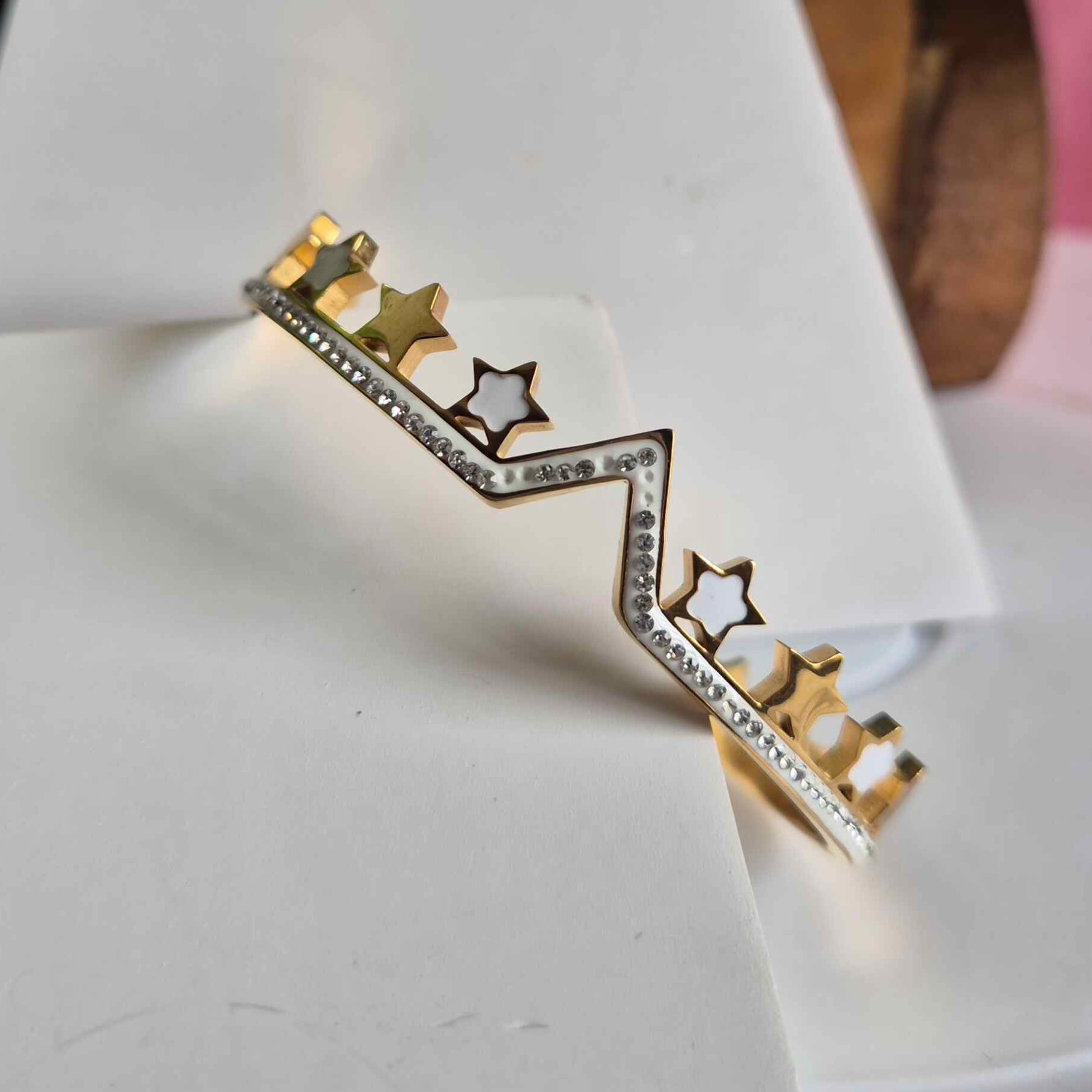 Crystal Star Crown Gold-Tone Bangle Bracelet for Women | Celestial Designer Kada