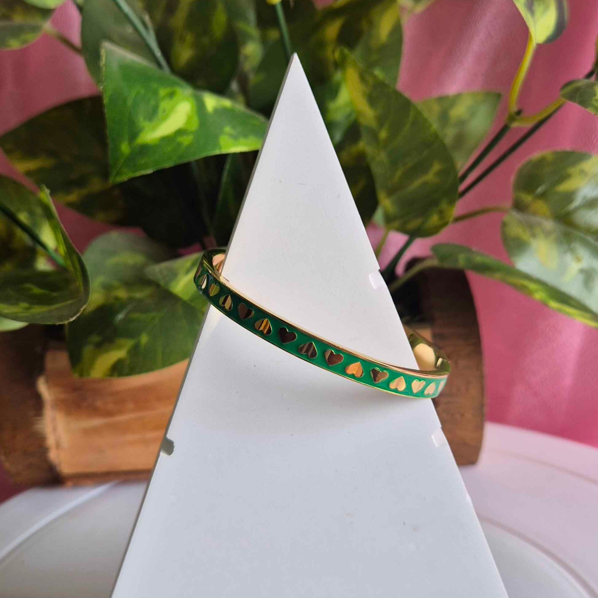 Green Heart Enamel Gold-Tone Kada Bracelet for Women | Minimalist Love-Inspired Bangle