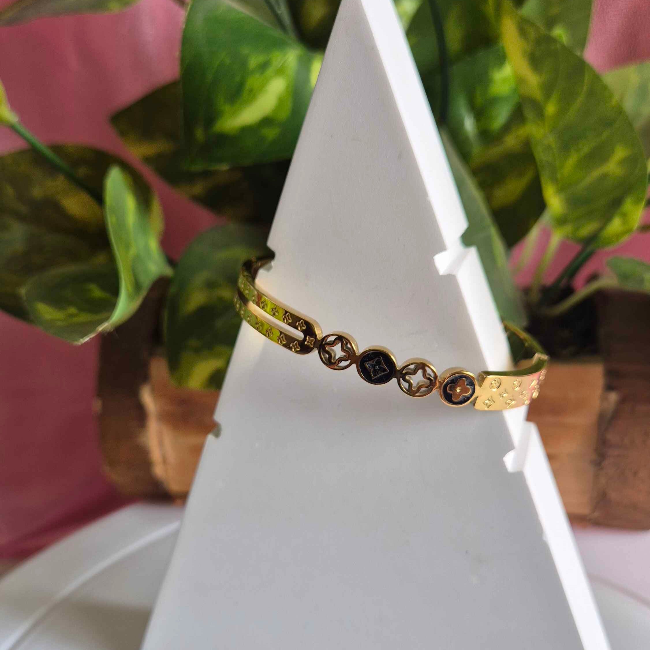Luxury Gold-Tone Monogram Charm Bangle Bracelet for Women | Designer Floral & Geometric Kada
