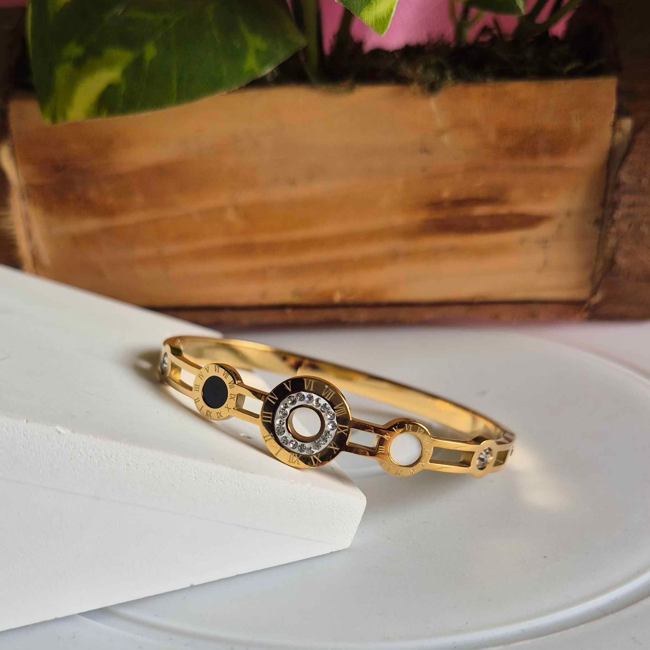 Luxury Roman Numeral Crystal Gold-Tone Bangle Bracelet for Women | Designer Circle Charm Kada