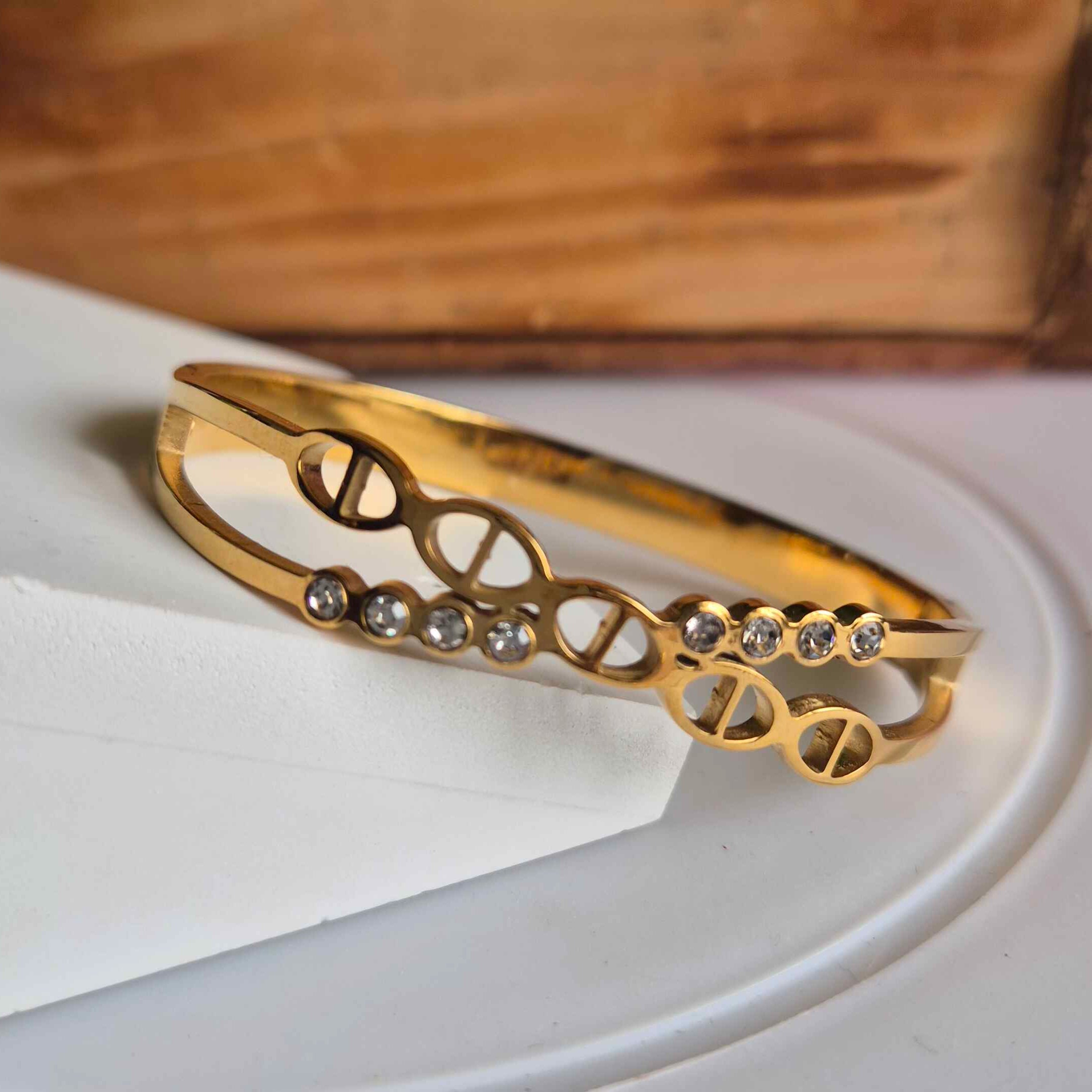 Elegant Gold-Tone Crystal Openwork Korean/Kada Bracelet for Women | Minimalist Statement Bangle