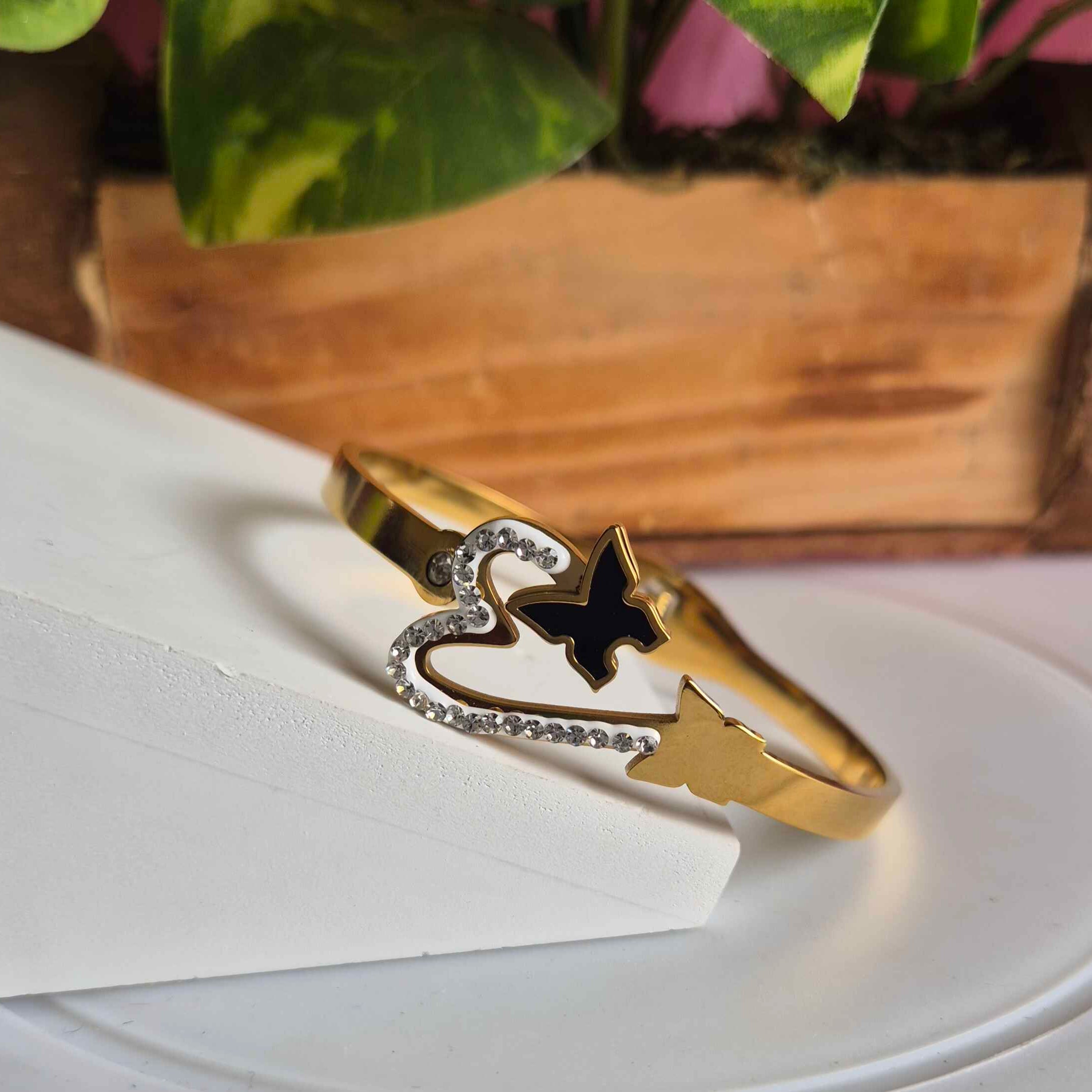 Gold-Tone Butterfly Heart Open Cuff Korean/kada Bracelet for Women | Crystal Accent Statement Kada