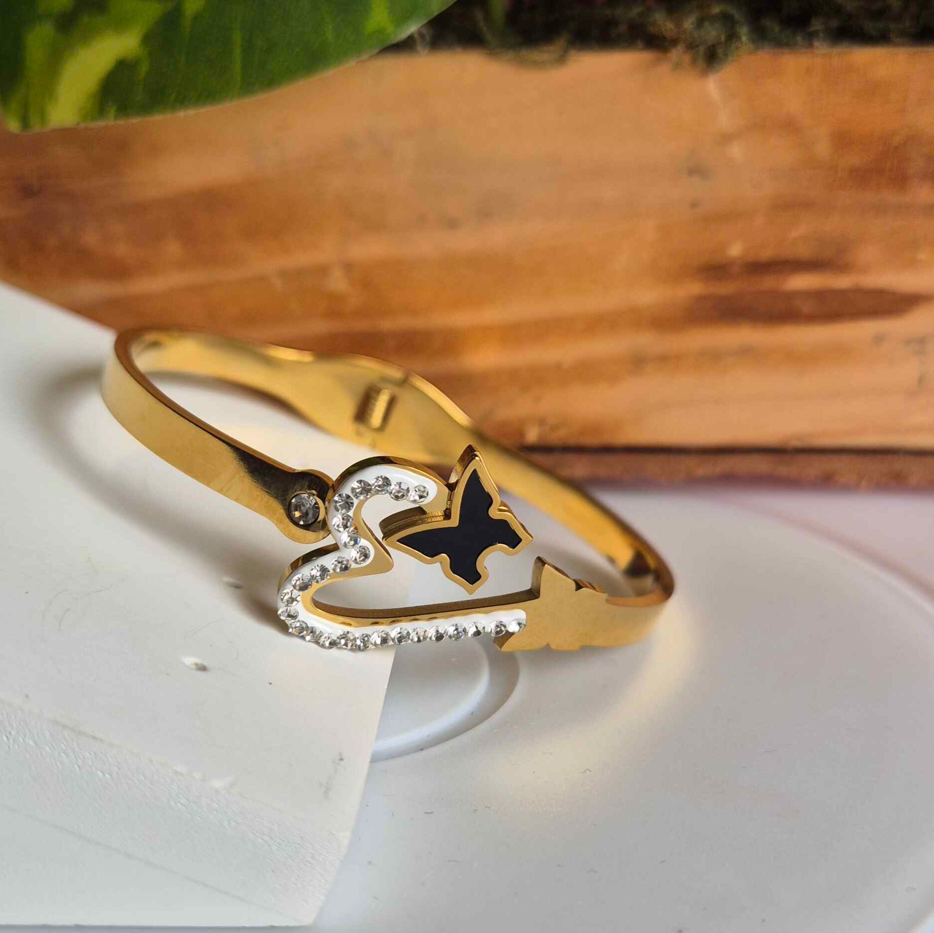 Gold-Tone Butterfly Heart Open Cuff Korean/kada Bracelet for Women | Crystal Accent Statement Kada