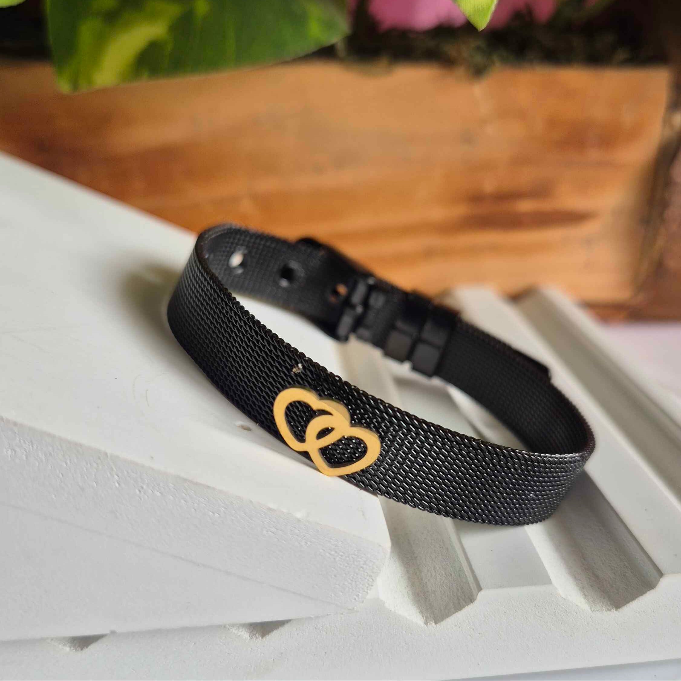 Black Mesh Heart Bracelet for Women | Gold Heart Charm Stainless Steel Adjustable Bracelet