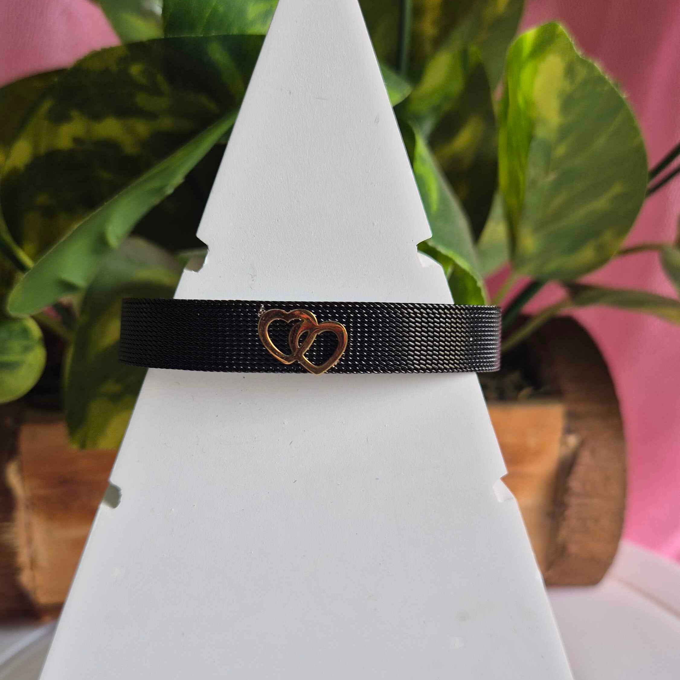 Black Mesh Heart Bracelet for Women | Gold Heart Charm Stainless Steel Adjustable Bracelet