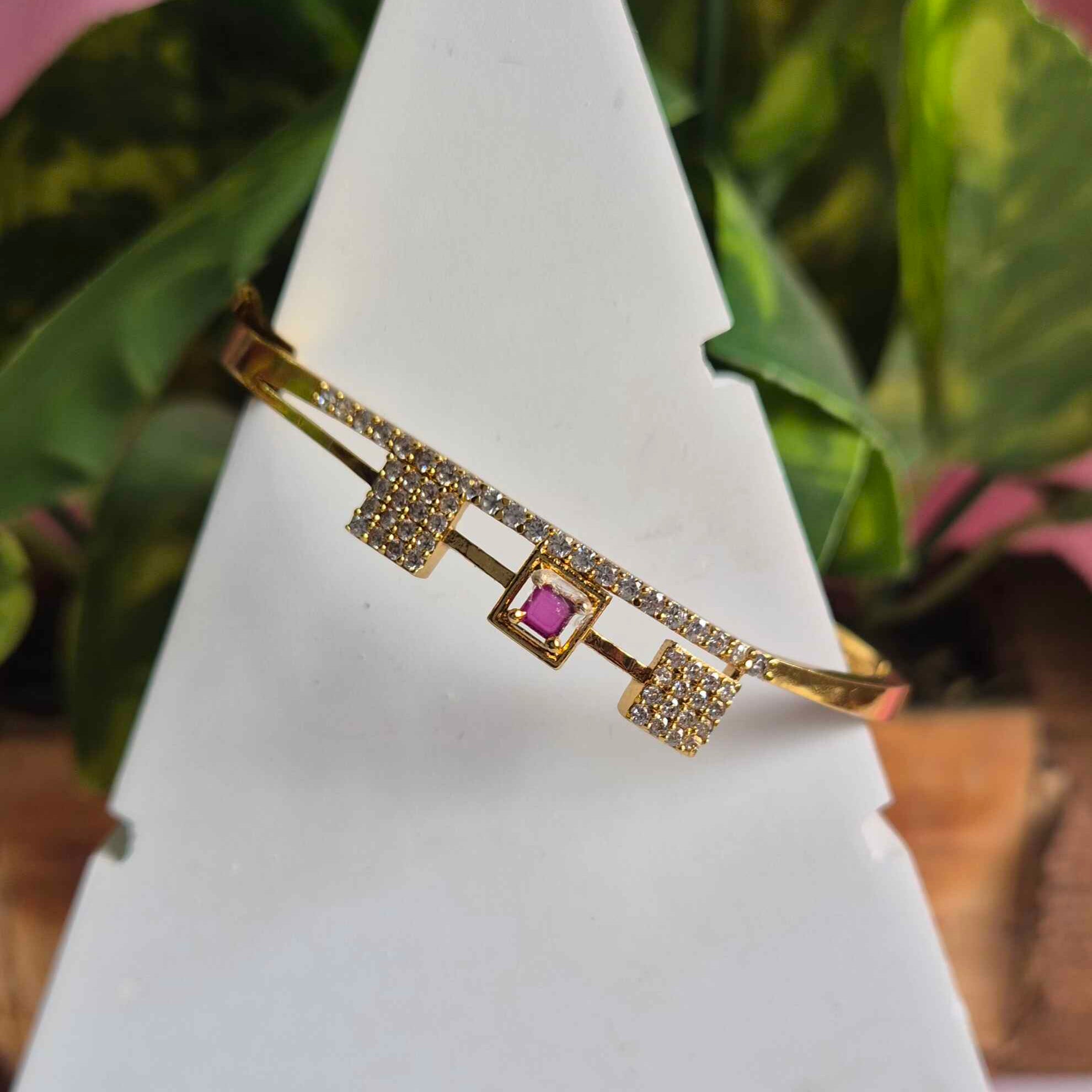 Geometric Pink Stone & Crystal Gold Bracelet for Women | Elegant Designer Kada Bangle