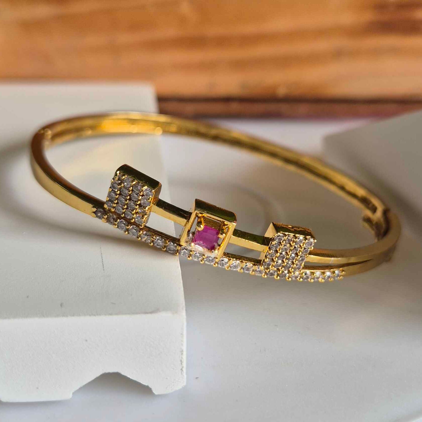 Geometric Pink Stone & Crystal Gold Bracelet for Women | Elegant Designer Kada Bangle