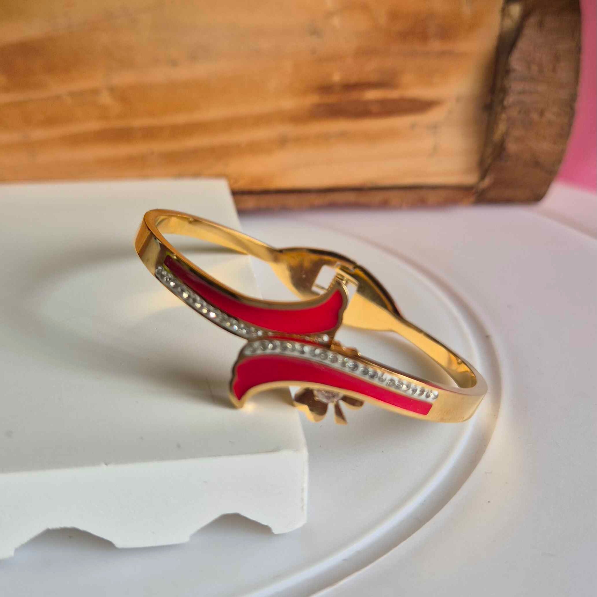 Red Enamel & Crystal Gold Bracelet for Women | Elegant Designer Open Cuff Kada Bangle