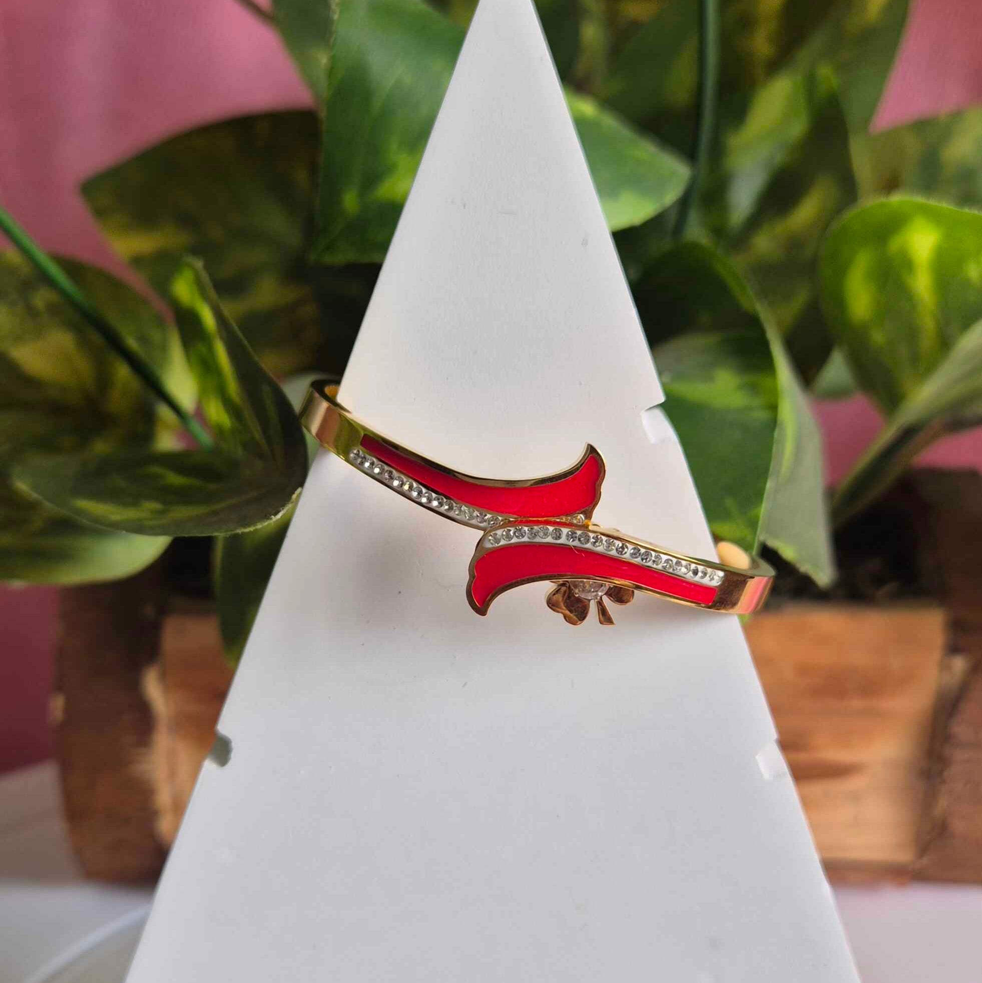 Red Enamel & Crystal Gold Bracelet for Women | Elegant Designer Open Cuff Kada Bangle