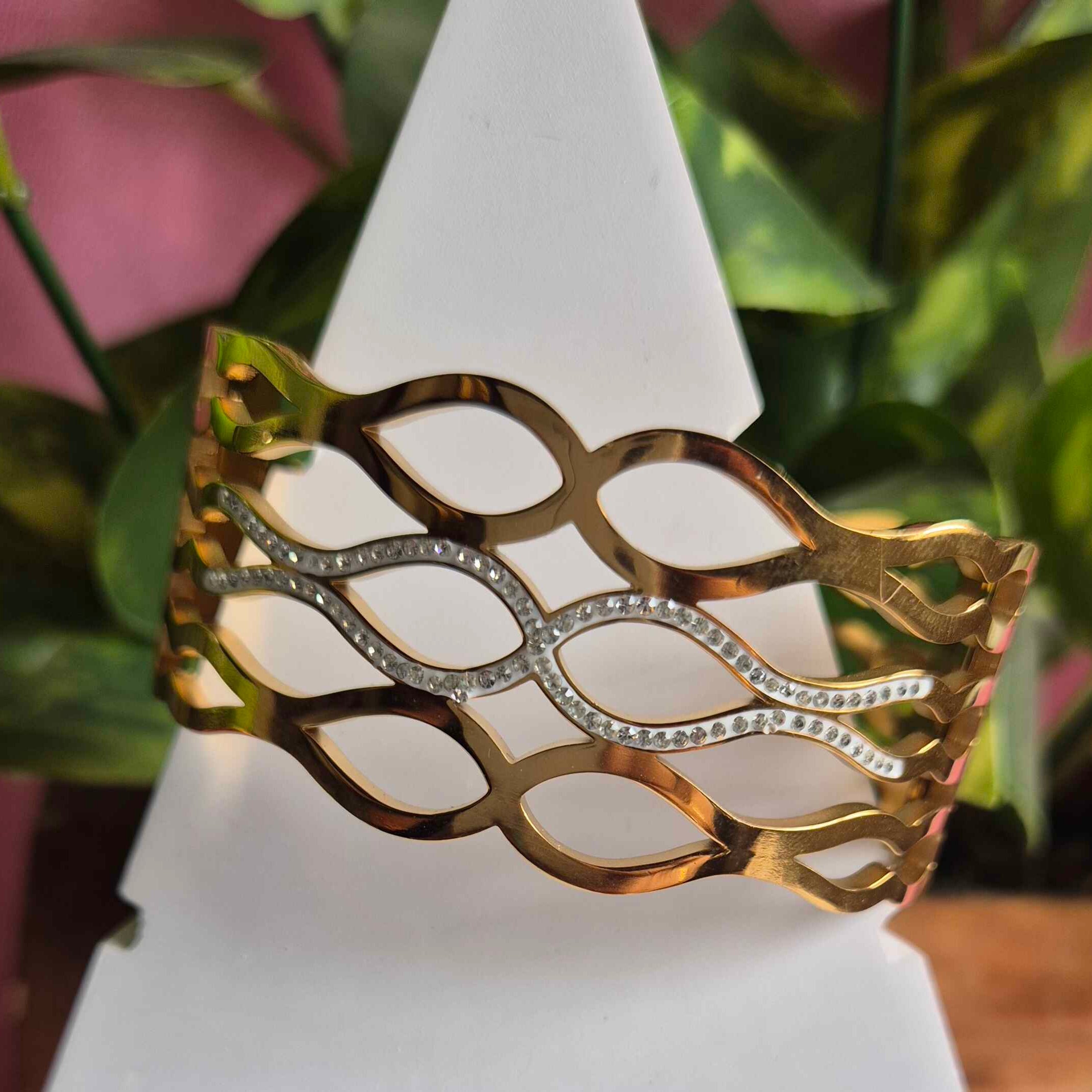 Designer Leaf Pattern Gold Kada Bangle for Women | Crystal Studded Wide Cuff Bracelet