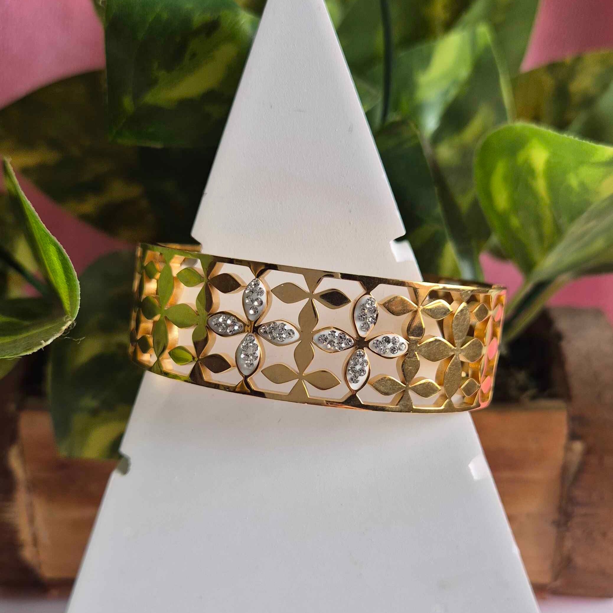 Gold Floral Cutwork Bracelet for Women | Crystal Flower Designer Cuff Bangle