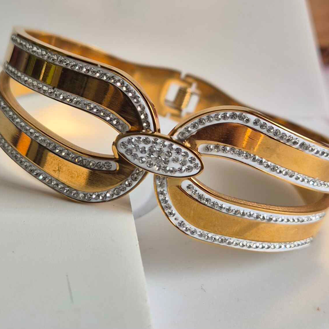 Crystal Leaf Design Gold Bracelet for Women | Elegant Openwork Designer Kada