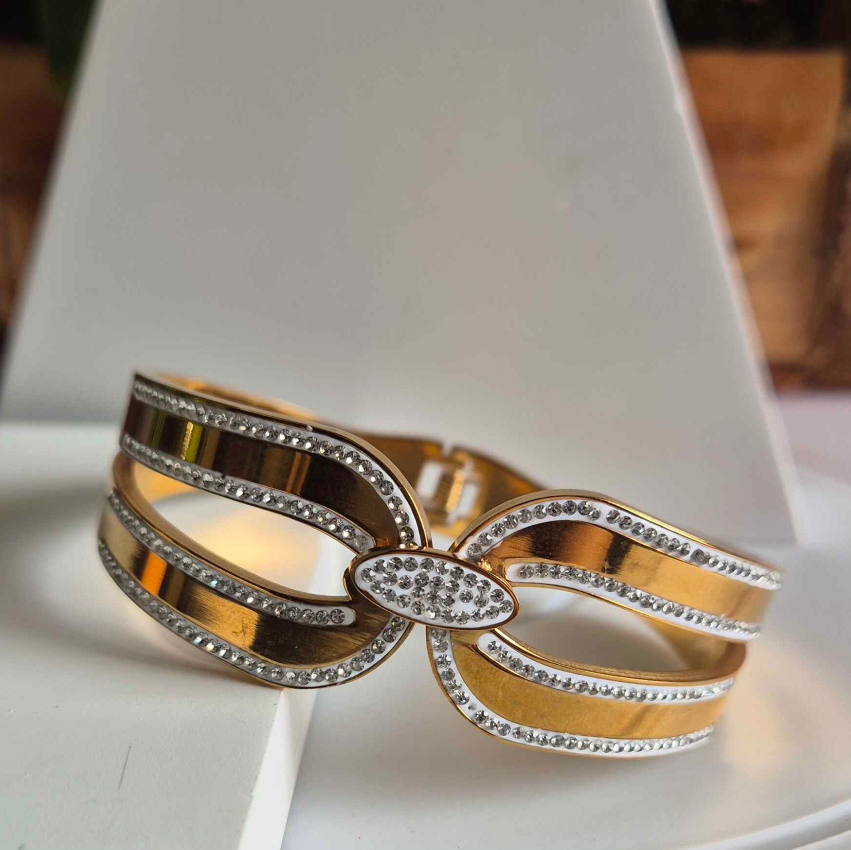 Crystal Leaf Design Gold Bracelet for Women | Elegant Openwork Designer Kada