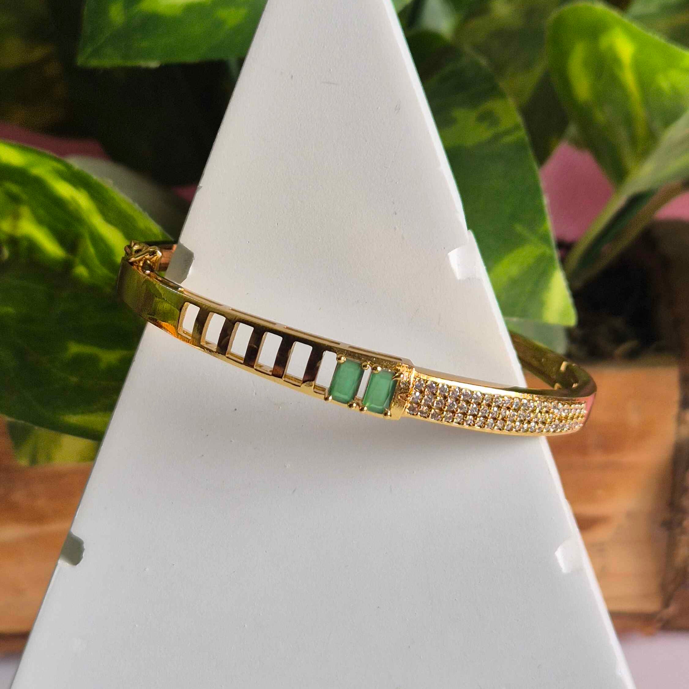 Emerald Green Stone & Crystal Gold Bracelet for Women | Modern Designer Kada Bangle