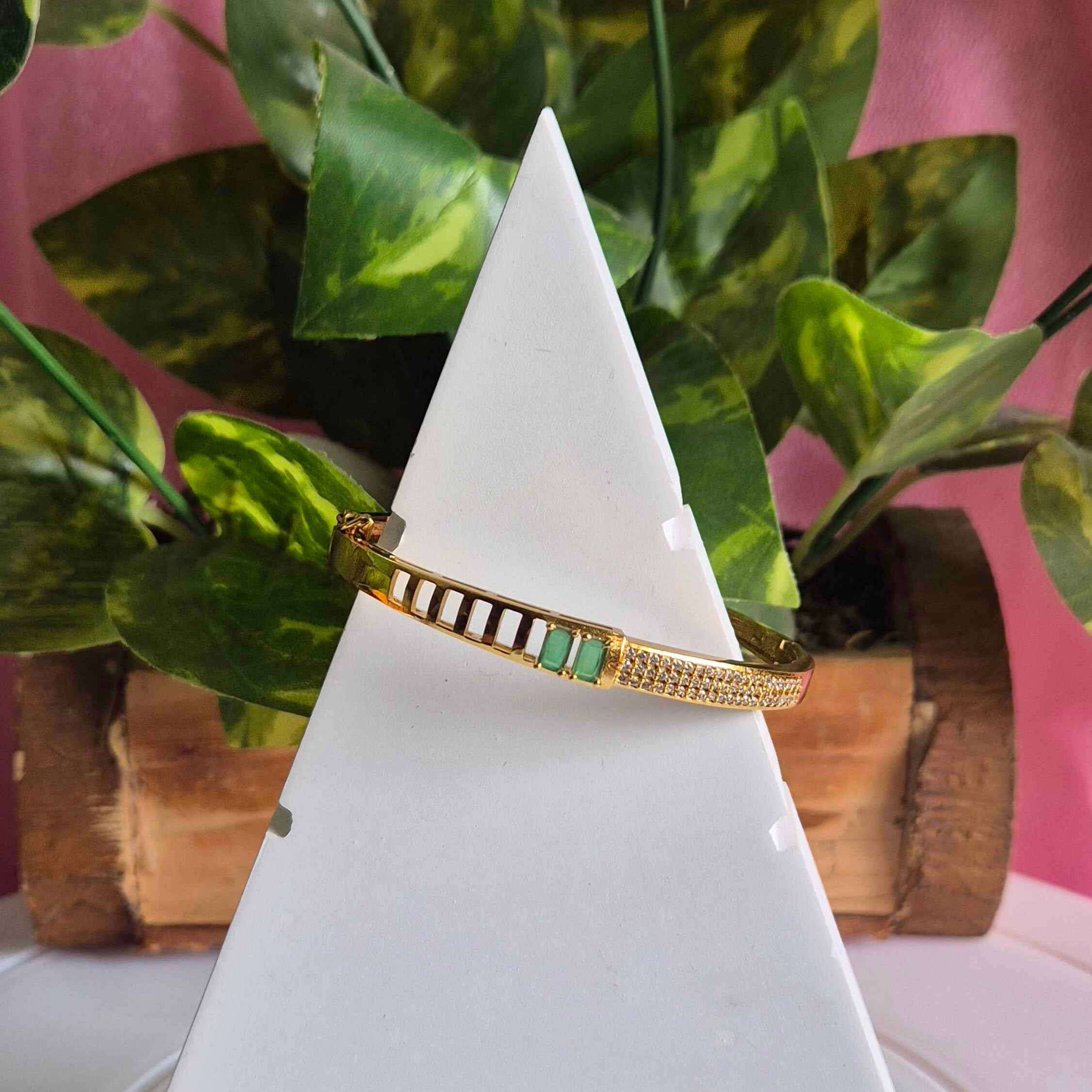 Emerald Green Stone & Crystal Gold Bracelet for Women | Modern Designer Kada Bangle