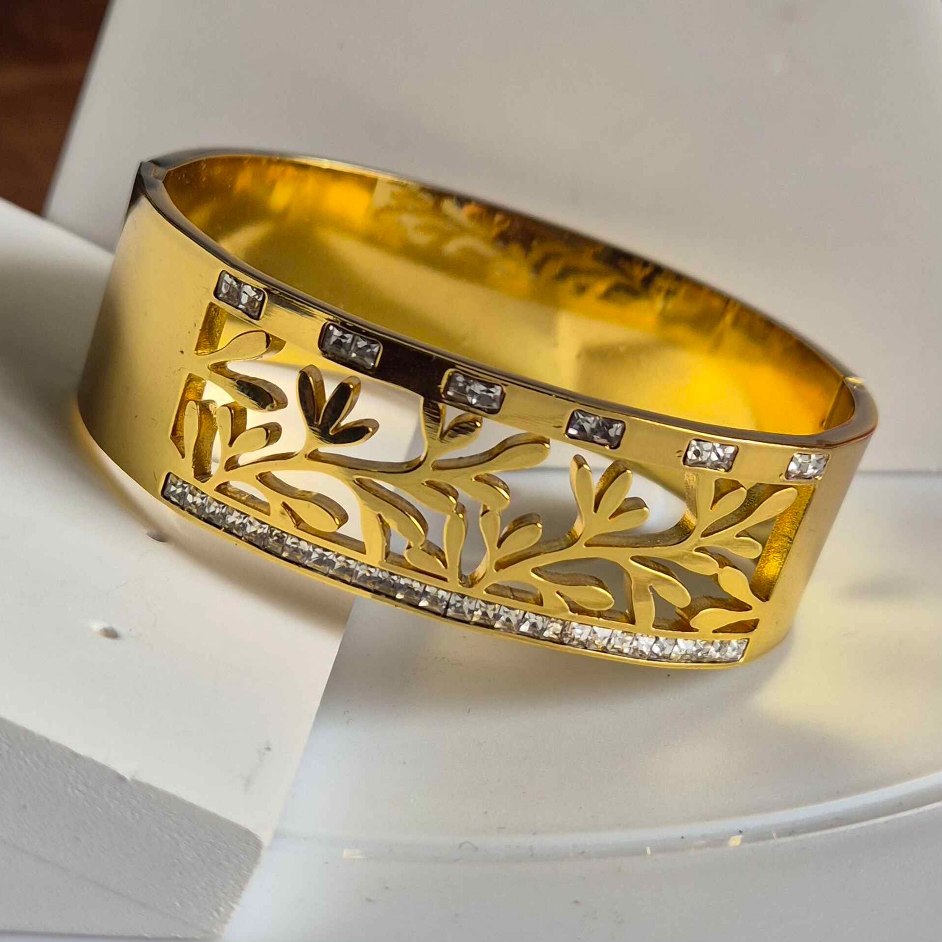 Gold Floral Cutwork Kada Bracelet for Women | Crystal Accent Designer Bangle