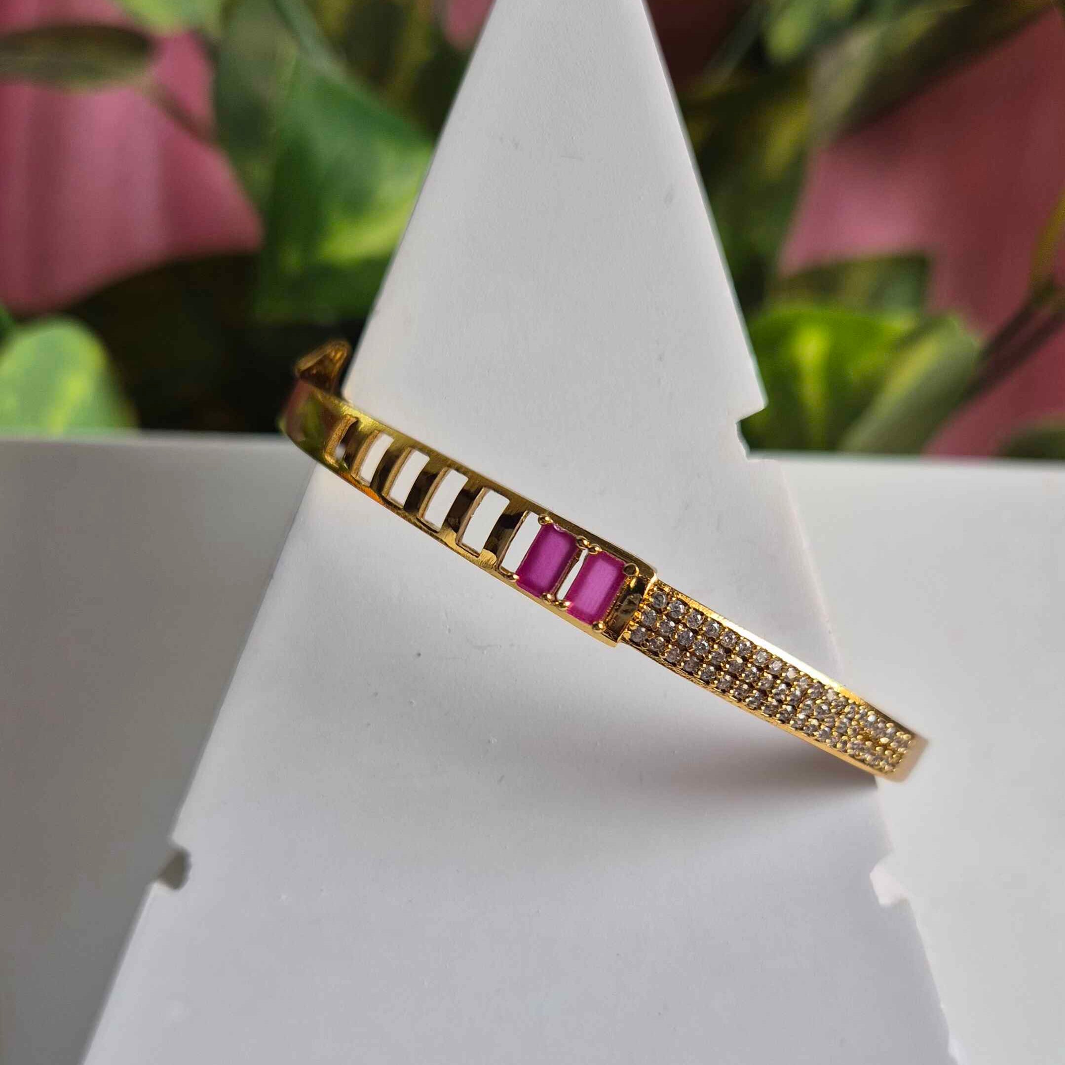 Gold Crystal Bracelet with Pink Gemstone Accent | Elegant Designer Kada for Women